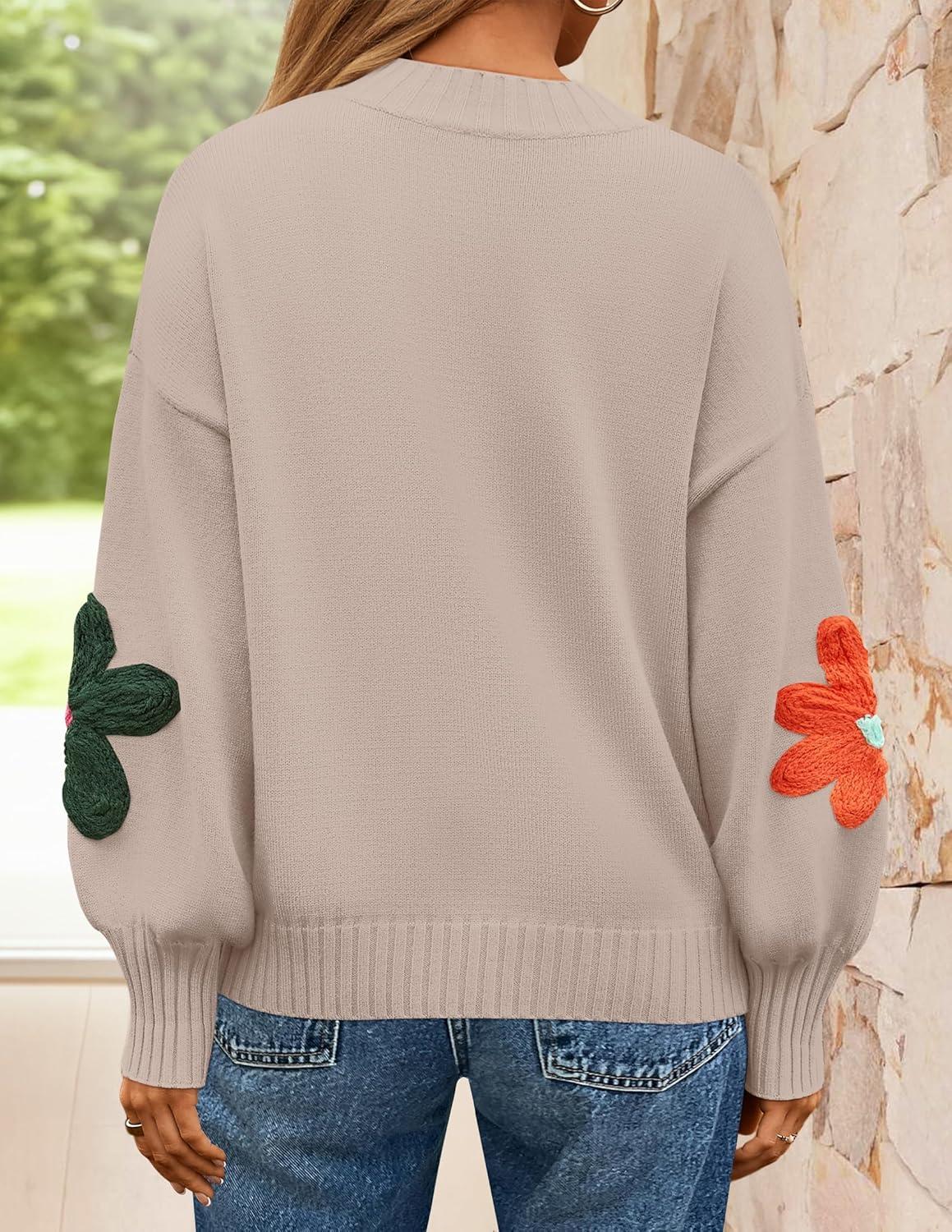 imageZESICA Womens Long Puff Sleeve Sweaters Casual Crewneck Ribbed Knit Flower Color Block Loose Pullover TopsSand