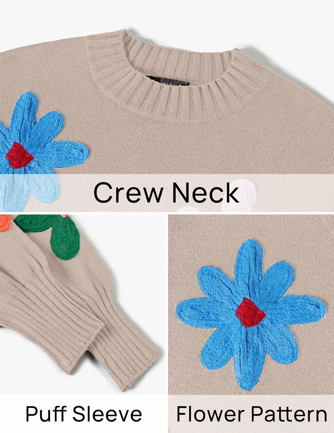 imageZESICA Womens Long Puff Sleeve Sweaters Casual Crewneck Ribbed Knit Flower Color Block Loose Pullover TopsSand