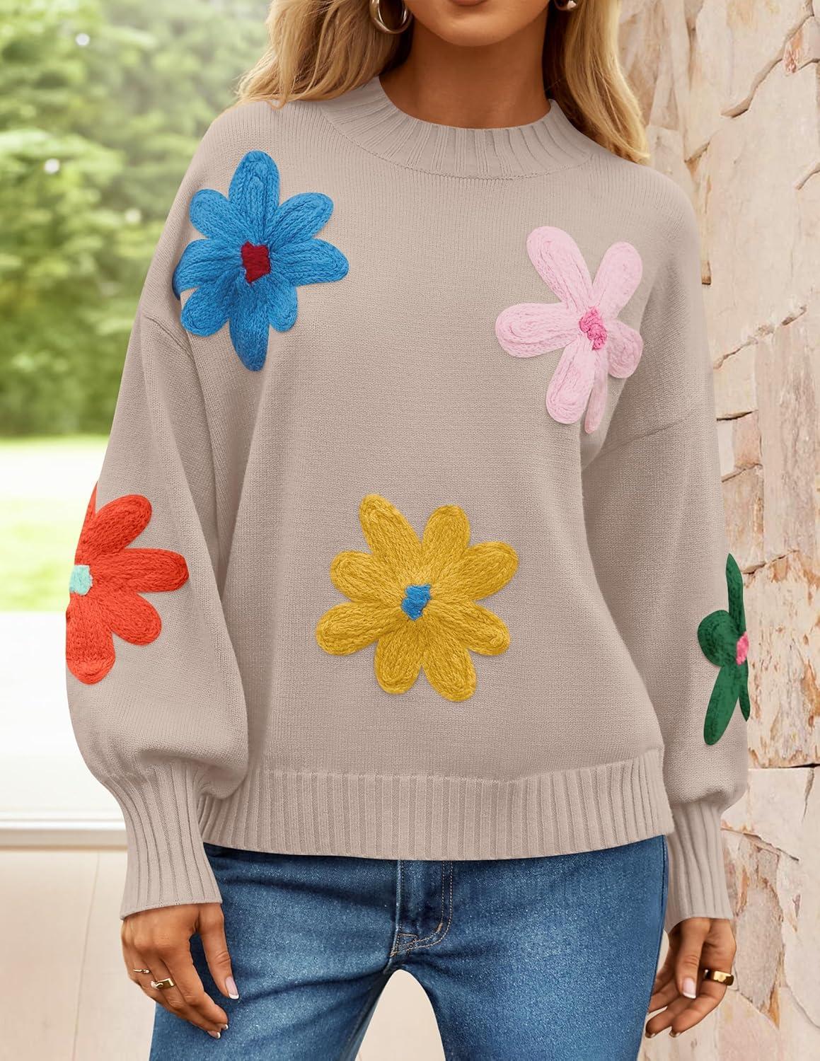 imageZESICA Womens Long Puff Sleeve Sweaters Casual Crewneck Ribbed Knit Flower Color Block Loose Pullover TopsSand
