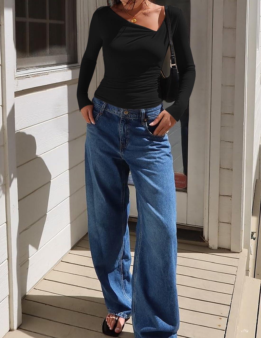 imageZESICA Womens Long Sleeve Asymmetrical Neck Ruched Slim Fit Shirts 2026 Fall Fashion Casual Tee Going Out TopsBlack