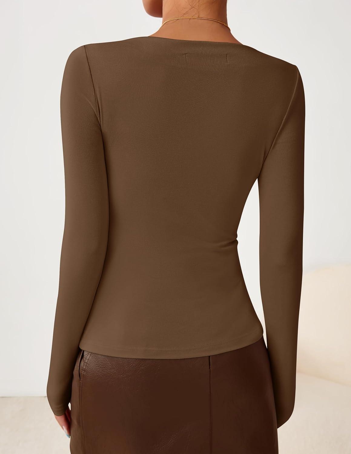 imageZESICA Womens Long Sleeve Asymmetrical Neck Ruched Slim Fit Shirts 2026 Fall Fashion Casual Tee Going Out TopsBrown
