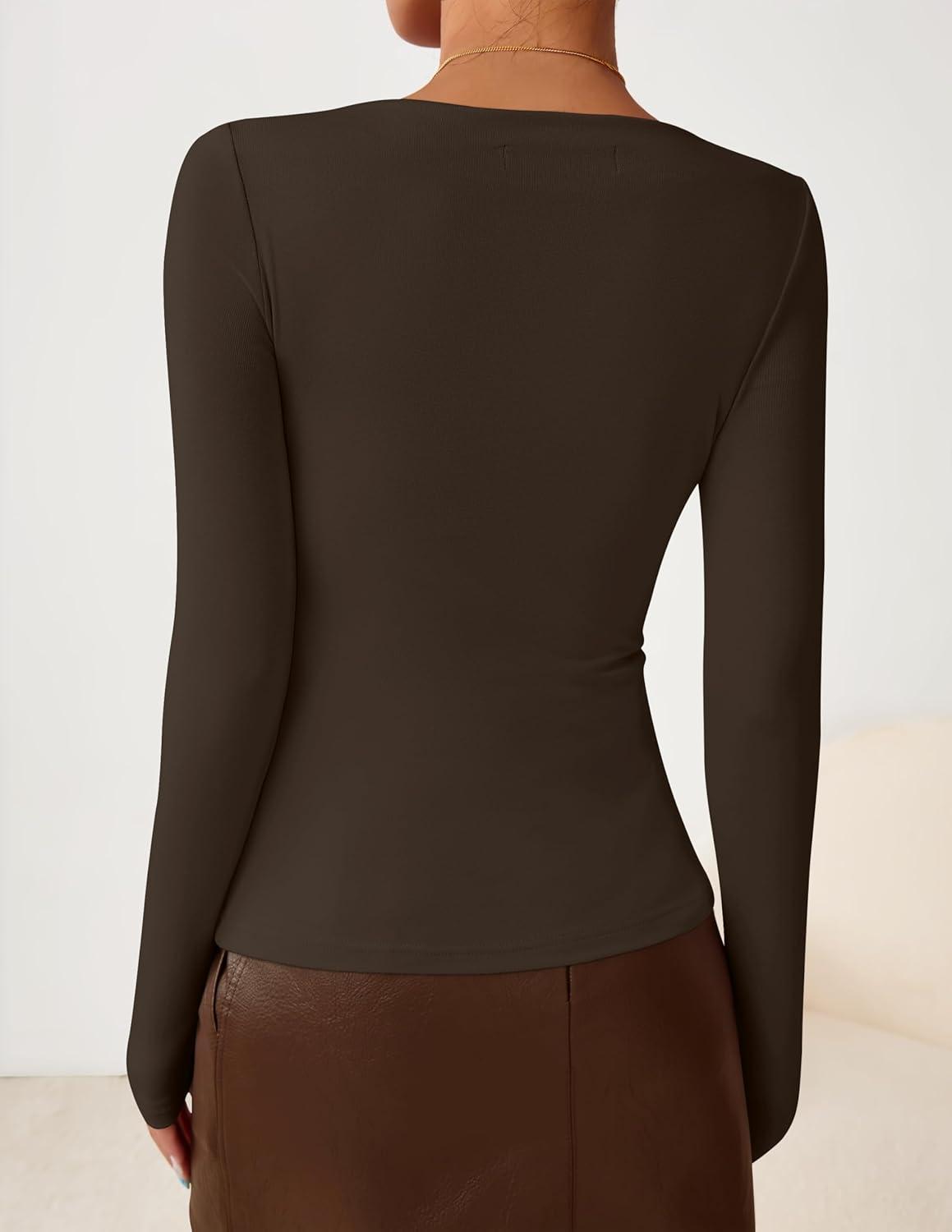 imageZESICA Womens Long Sleeve Asymmetrical Neck Ruched Slim Fit Shirts 2026 Fall Fashion Casual Tee Going Out TopsCoffee Brown