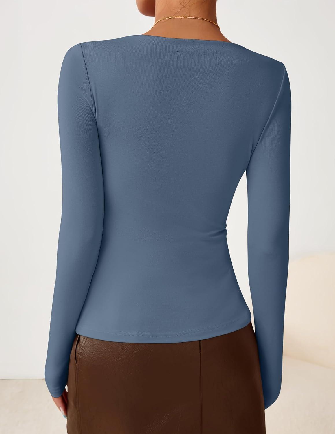 imageZESICA Womens Long Sleeve Asymmetrical Neck Ruched Slim Fit Shirts 2026 Fall Fashion Casual Tee Going Out TopsDusty Blue