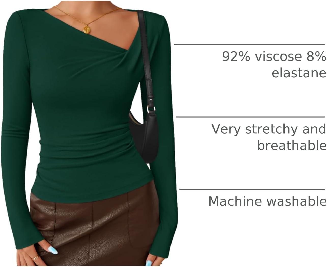 imageZESICA Womens Long Sleeve Asymmetrical Neck Ruched Slim Fit Shirts 2026 Fall Fashion Casual Tee Going Out TopsGreen