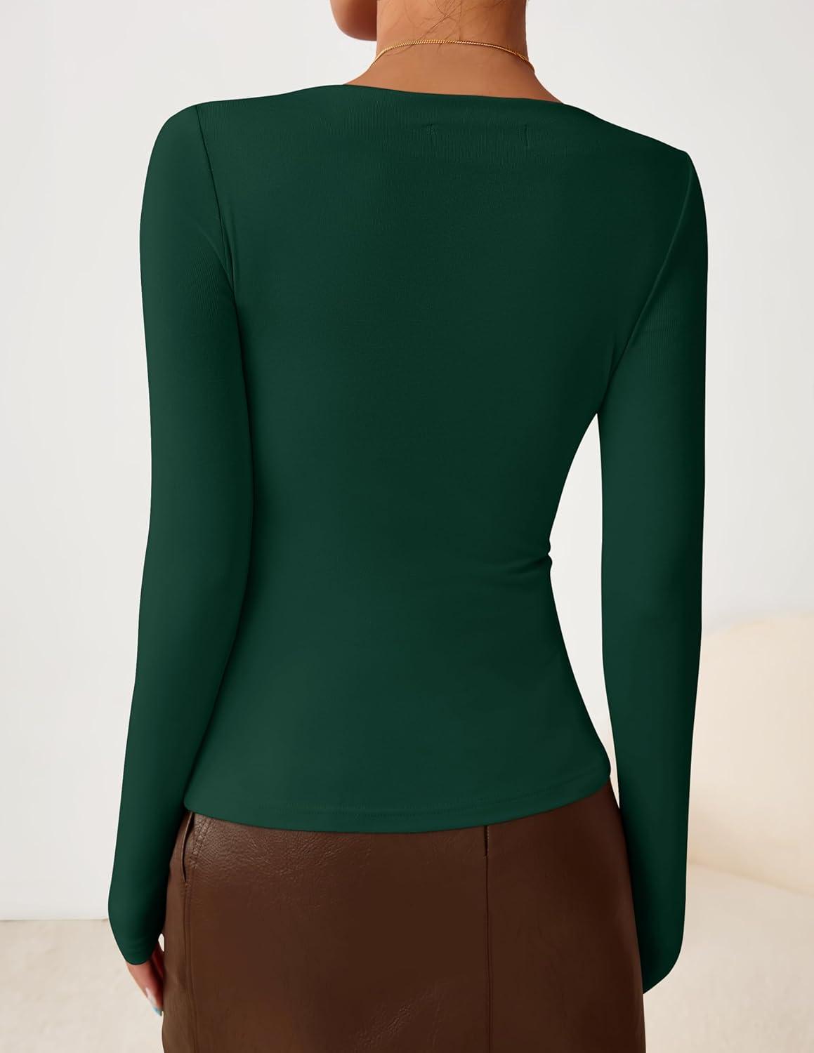 imageZESICA Womens Long Sleeve Asymmetrical Neck Ruched Slim Fit Shirts 2026 Fall Fashion Casual Tee Going Out TopsGreen