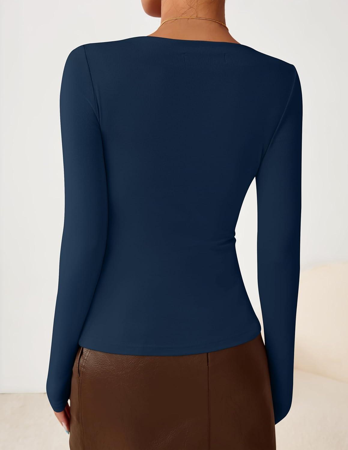 imageZESICA Womens Long Sleeve Asymmetrical Neck Ruched Slim Fit Shirts 2026 Fall Fashion Casual Tee Going Out TopsNavy