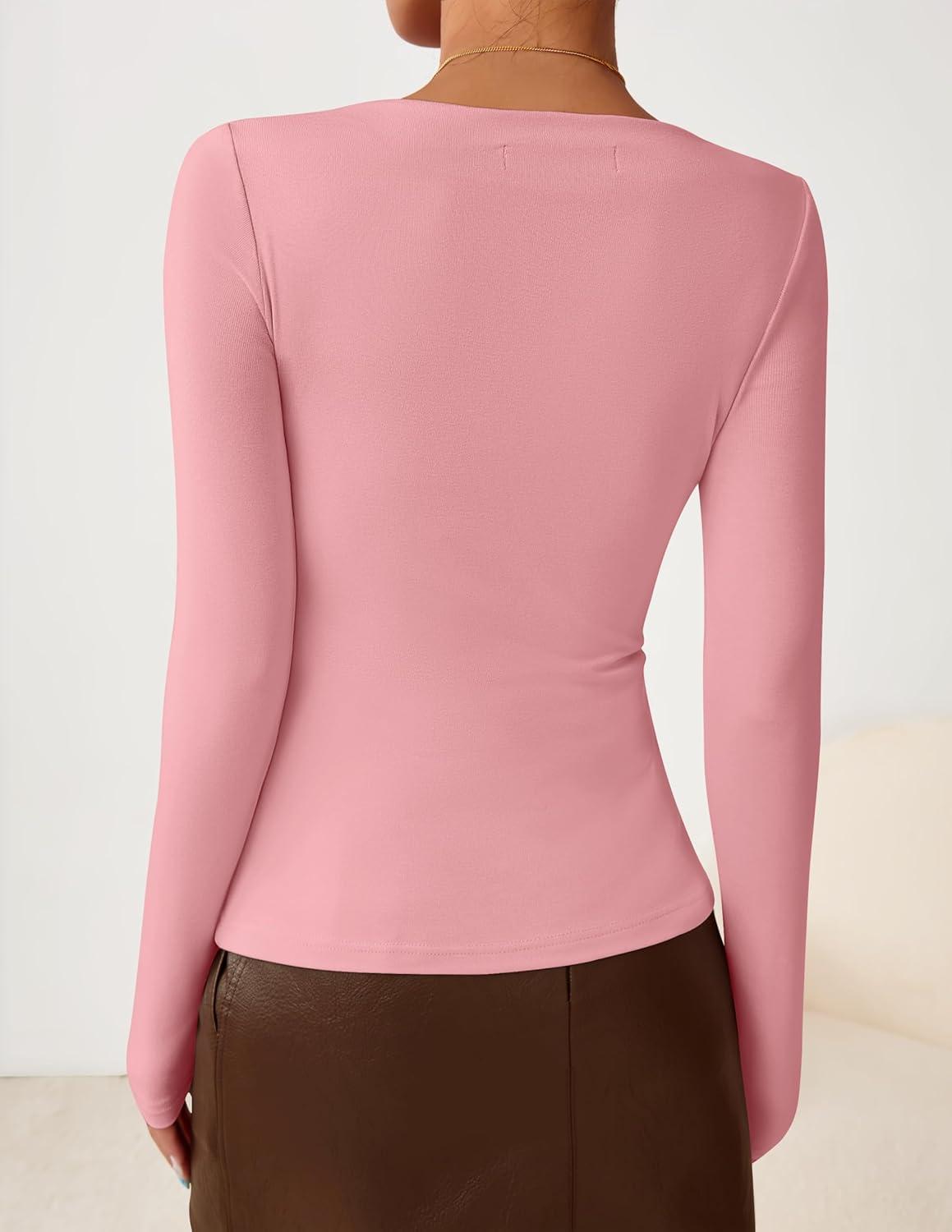 imageZESICA Womens Long Sleeve Asymmetrical Neck Ruched Slim Fit Shirts 2026 Fall Fashion Casual Tee Going Out TopsPink