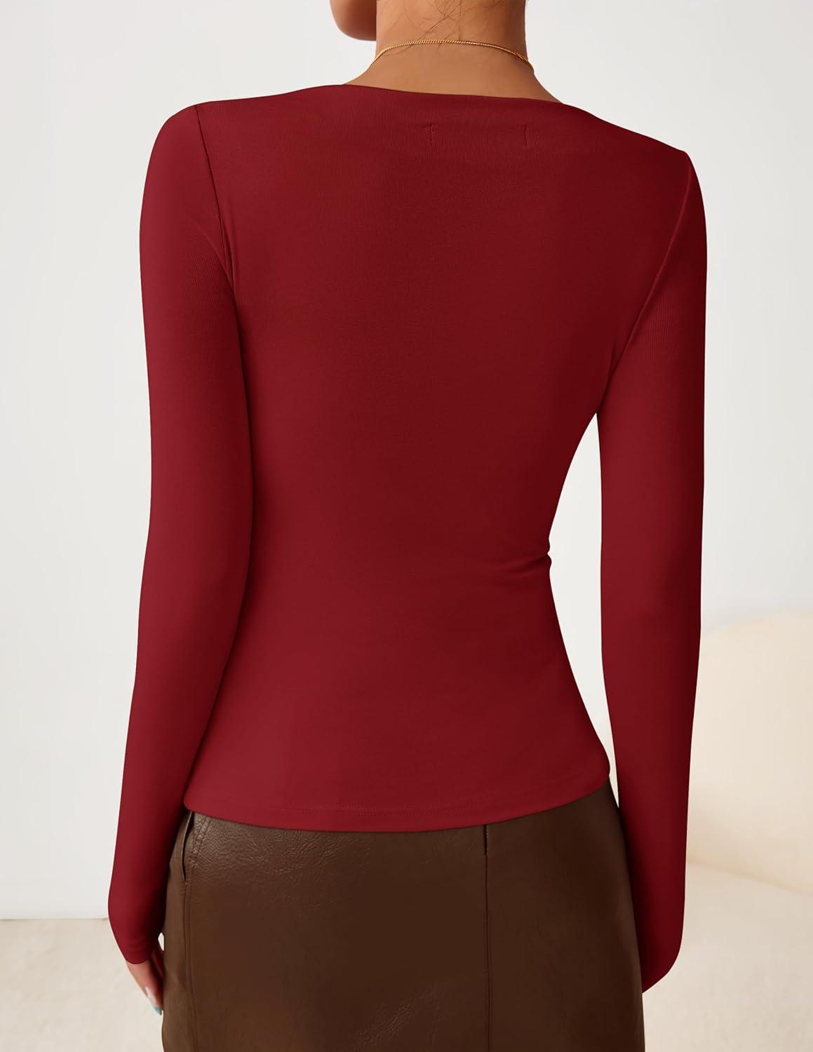 imageZESICA Womens Long Sleeve Asymmetrical Neck Ruched Slim Fit Shirts 2026 Fall Fashion Casual Tee Going Out TopsRed