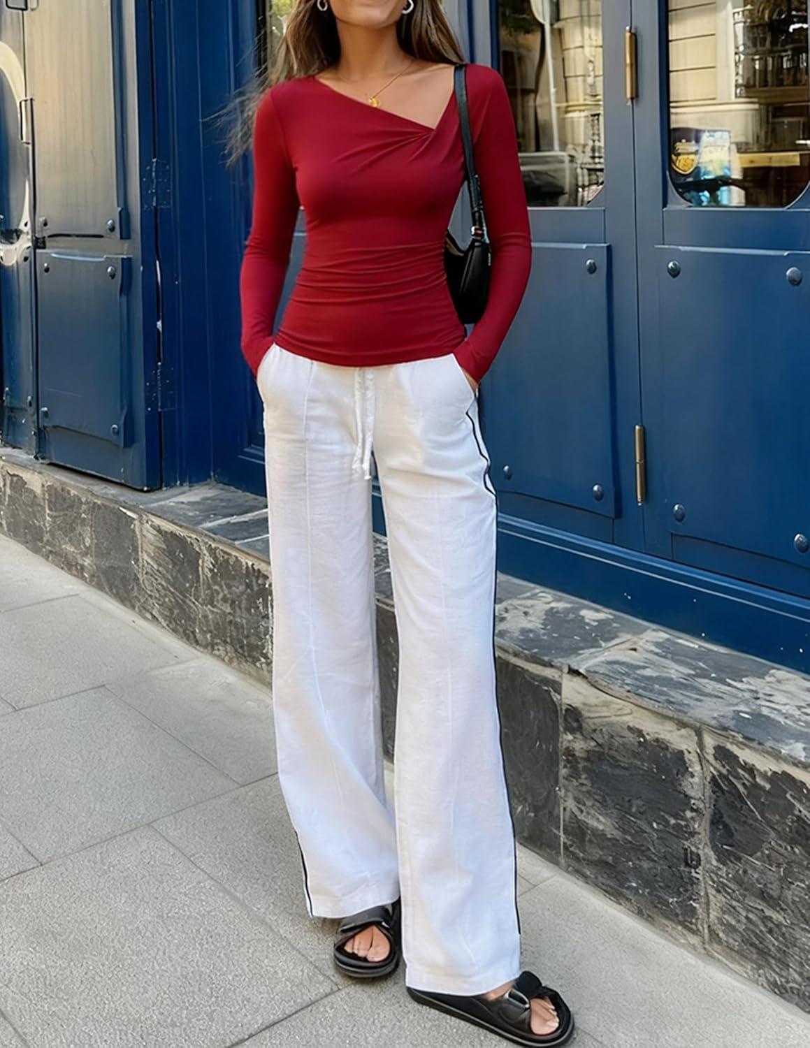 imageZESICA Womens Long Sleeve Asymmetrical Neck Ruched Slim Fit Shirts 2026 Fall Fashion Casual Tee Going Out TopsRed