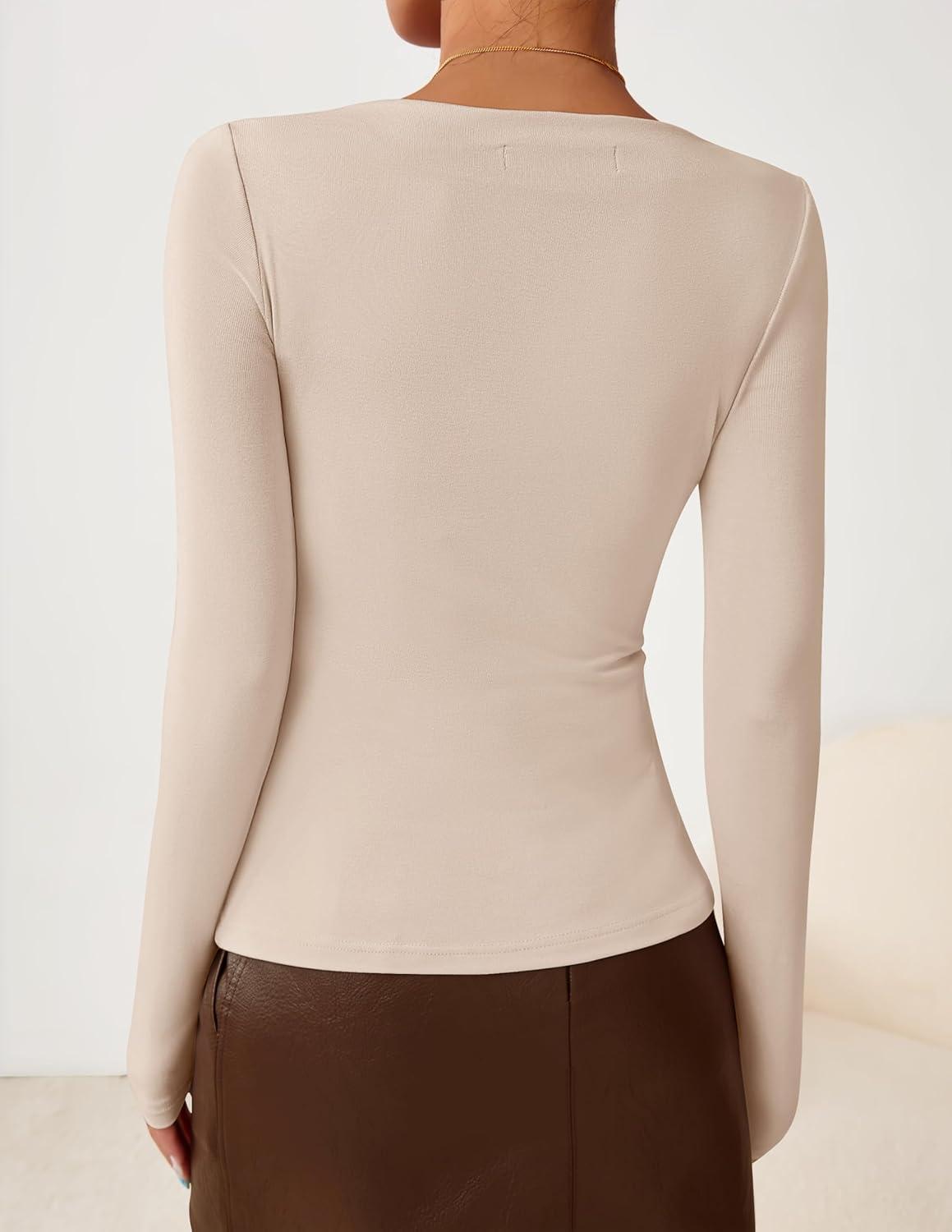 imageZESICA Womens Long Sleeve Asymmetrical Neck Ruched Slim Fit Shirts 2026 Fall Fashion Casual Tee Going Out TopsSand