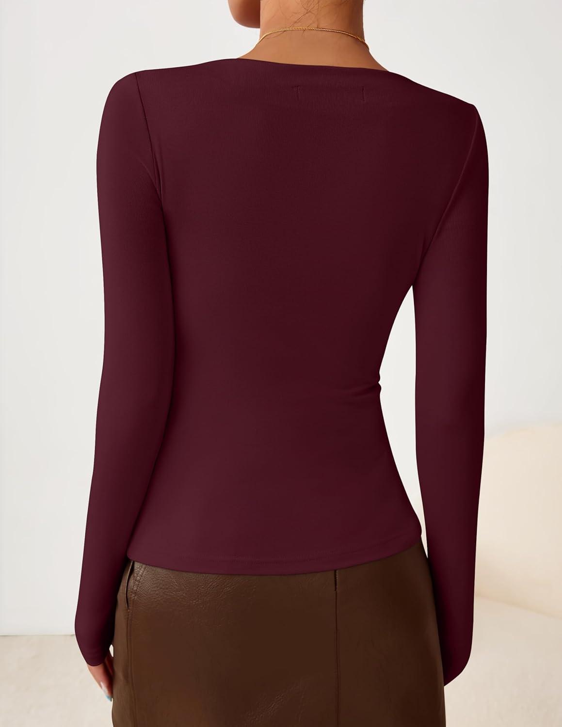 imageZESICA Womens Long Sleeve Asymmetrical Neck Ruched Slim Fit Shirts 2026 Fall Fashion Casual Tee Going Out TopsWine Red