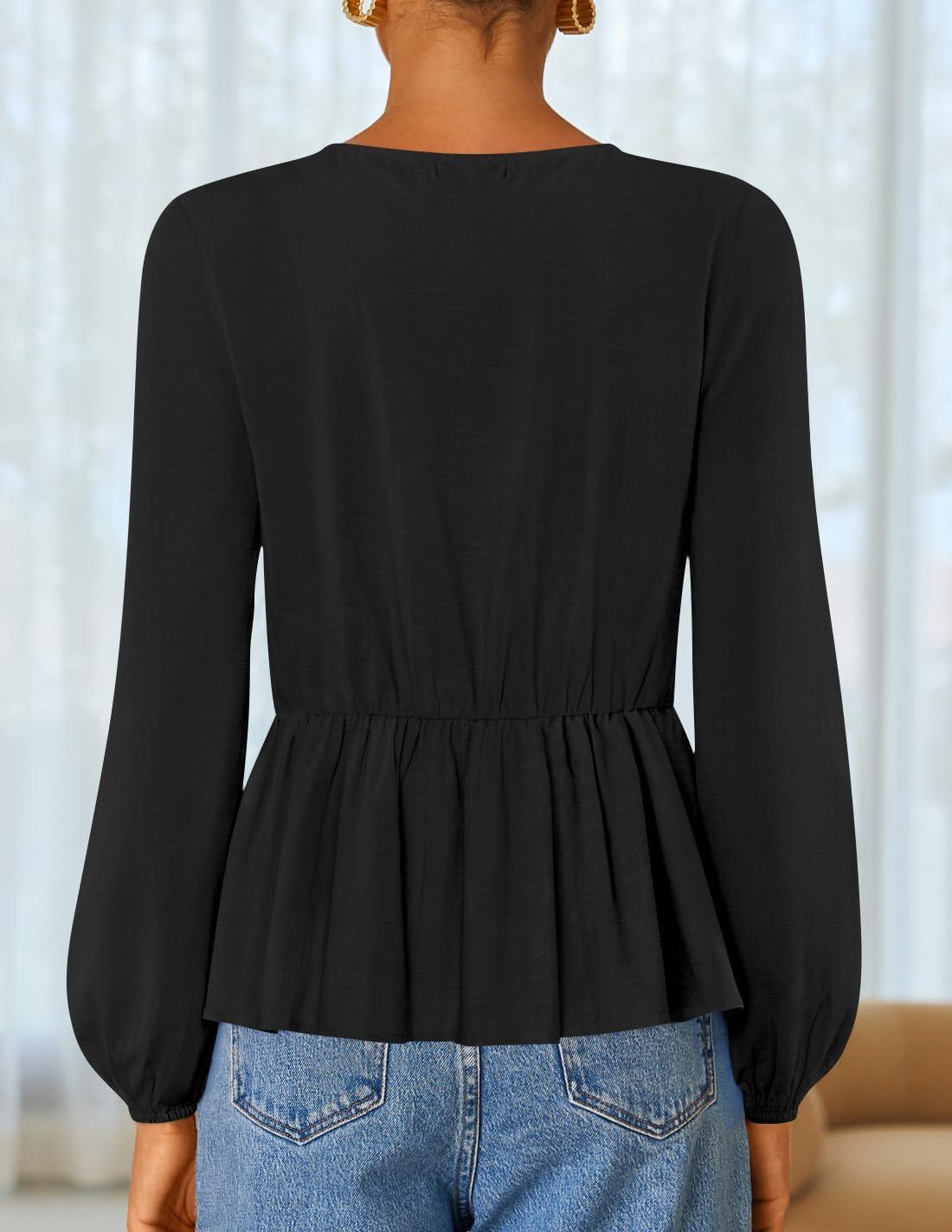 imageZESICA Womens Long Sleeve Babydoll Tops Crewneck Tie Front Casual Loose Ruffle Flowy Peplum Shirts 2026 Fall BlousesBlack