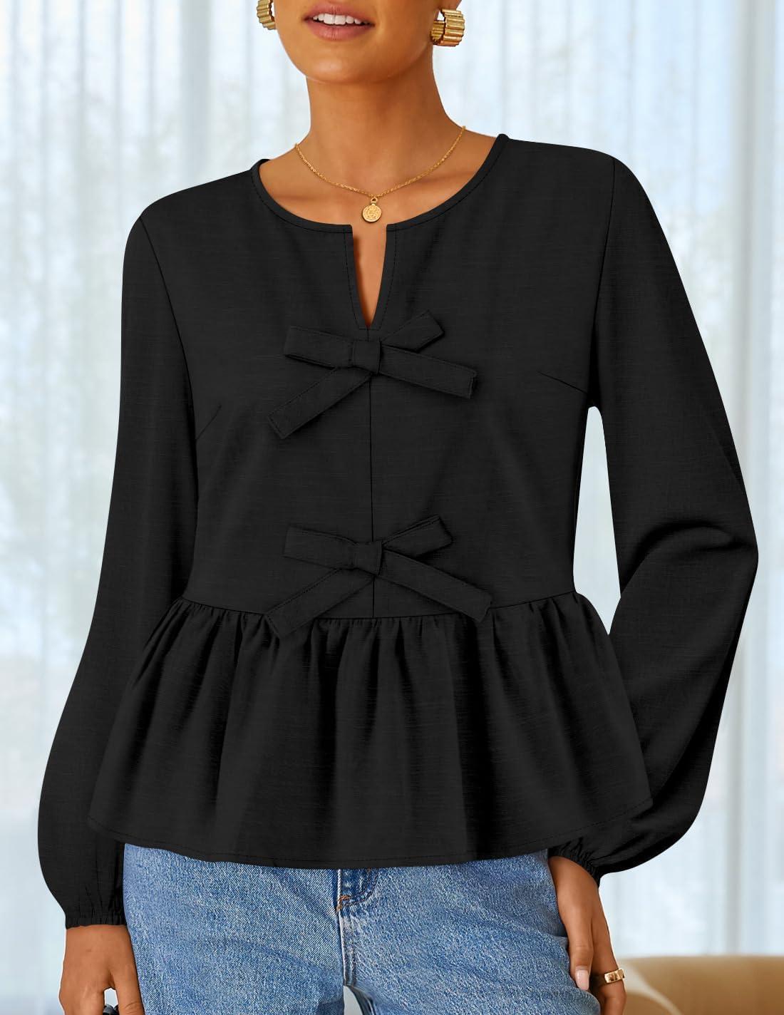 imageZESICA Womens Long Sleeve Babydoll Tops Crewneck Tie Front Casual Loose Ruffle Flowy Peplum Shirts 2026 Fall BlousesBlack