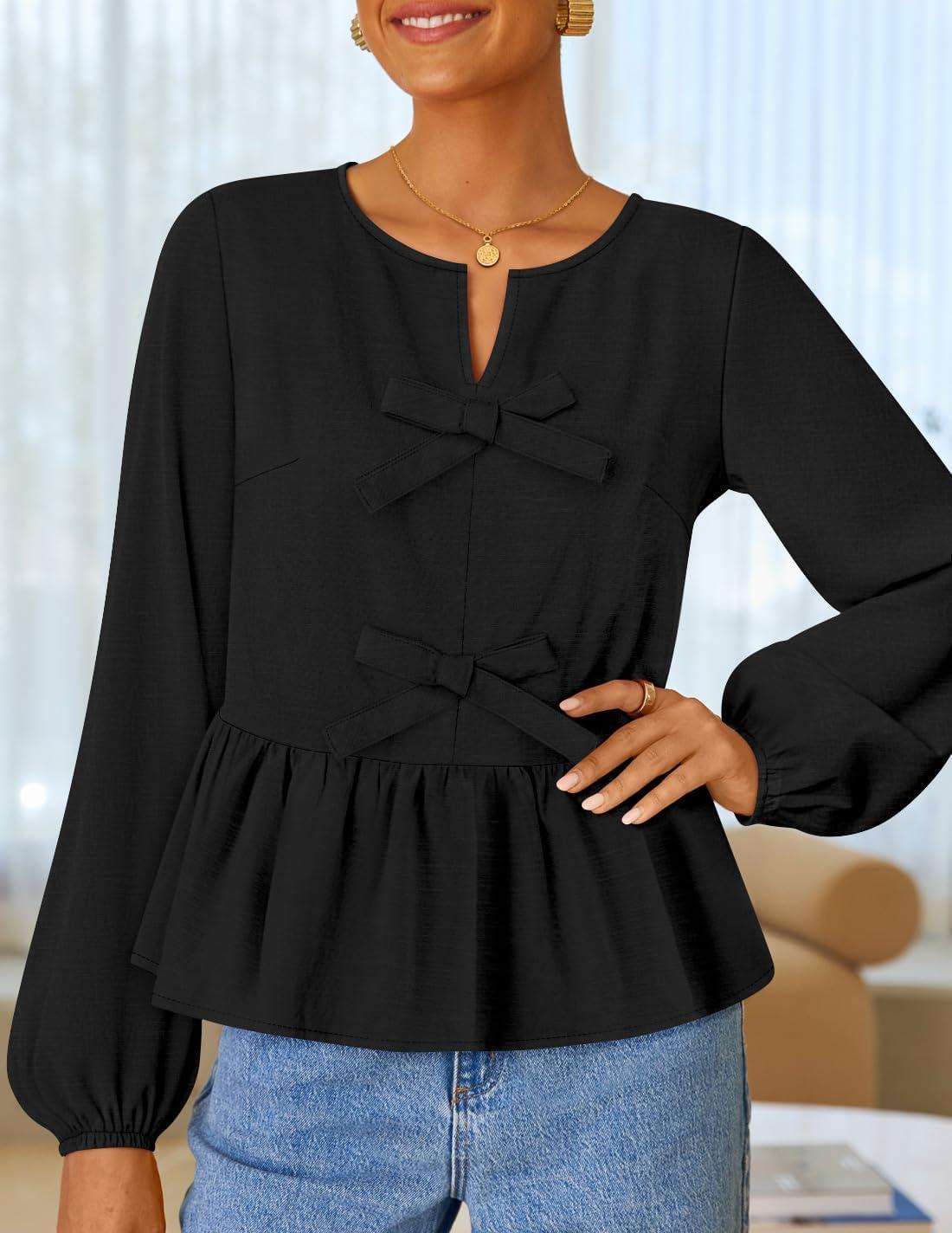 imageZESICA Womens Long Sleeve Babydoll Tops Crewneck Tie Front Casual Loose Ruffle Flowy Peplum Shirts 2026 Fall BlousesBlack