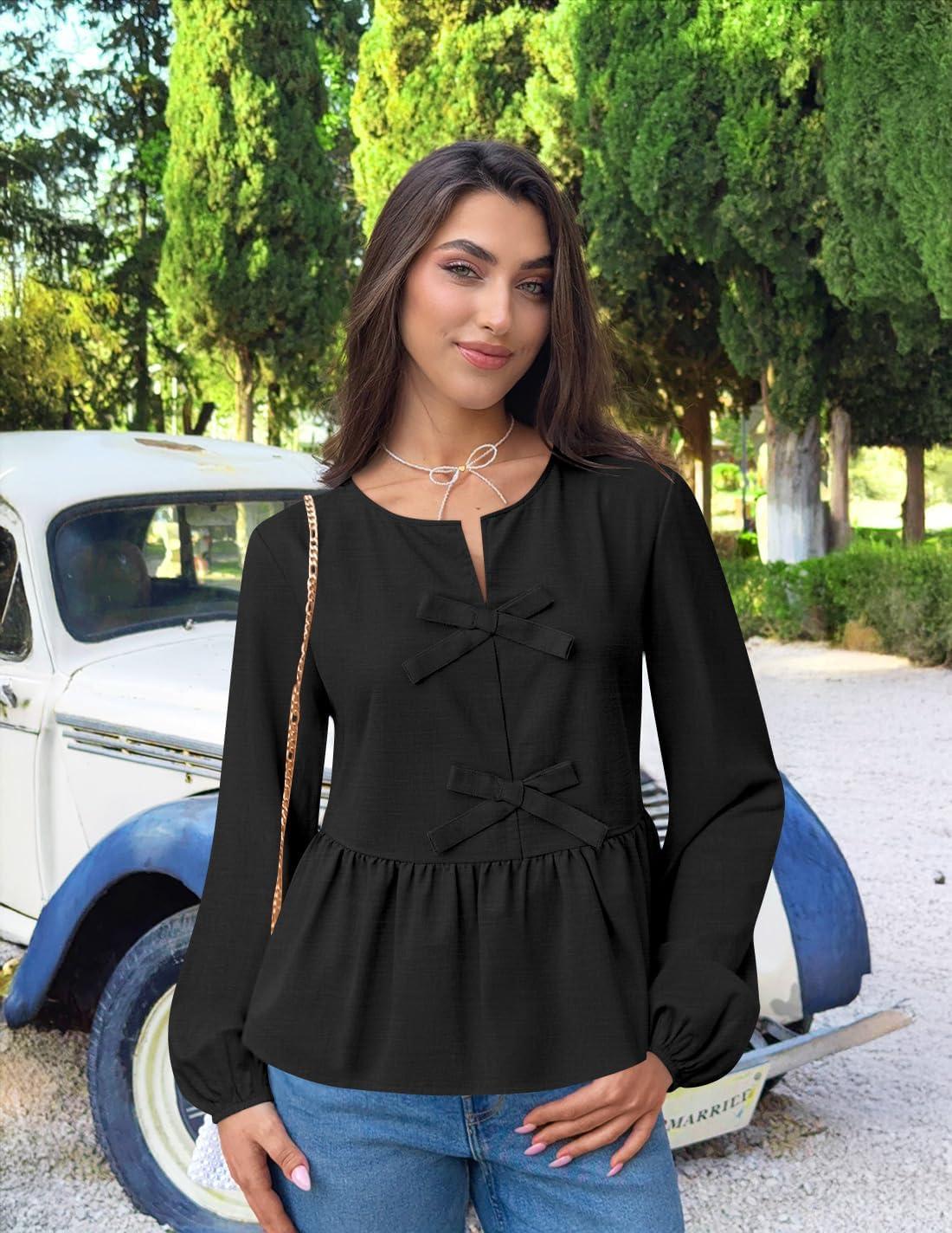 imageZESICA Womens Long Sleeve Babydoll Tops Crewneck Tie Front Casual Loose Ruffle Flowy Peplum Shirts 2026 Fall BlousesBlack
