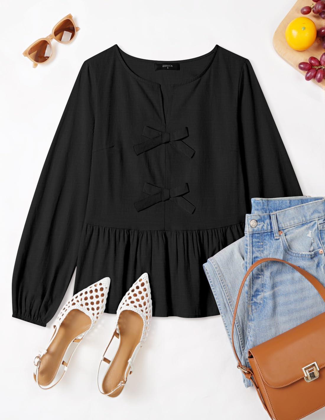 imageZESICA Womens Long Sleeve Babydoll Tops Crewneck Tie Front Casual Loose Ruffle Flowy Peplum Shirts 2026 Fall BlousesBlack