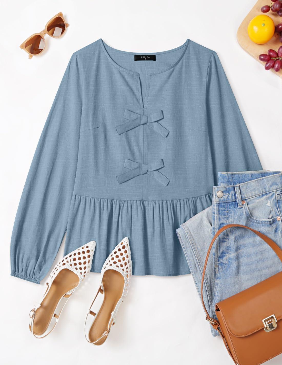 imageZESICA Womens Long Sleeve Babydoll Tops Crewneck Tie Front Casual Loose Ruffle Flowy Peplum Shirts 2026 Fall BlousesDustyblue