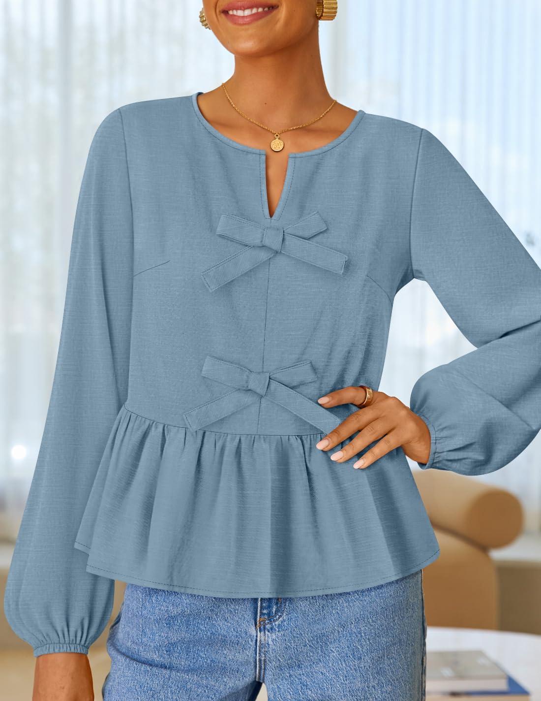 imageZESICA Womens Long Sleeve Babydoll Tops Crewneck Tie Front Casual Loose Ruffle Flowy Peplum Shirts 2026 Fall BlousesDustyblue