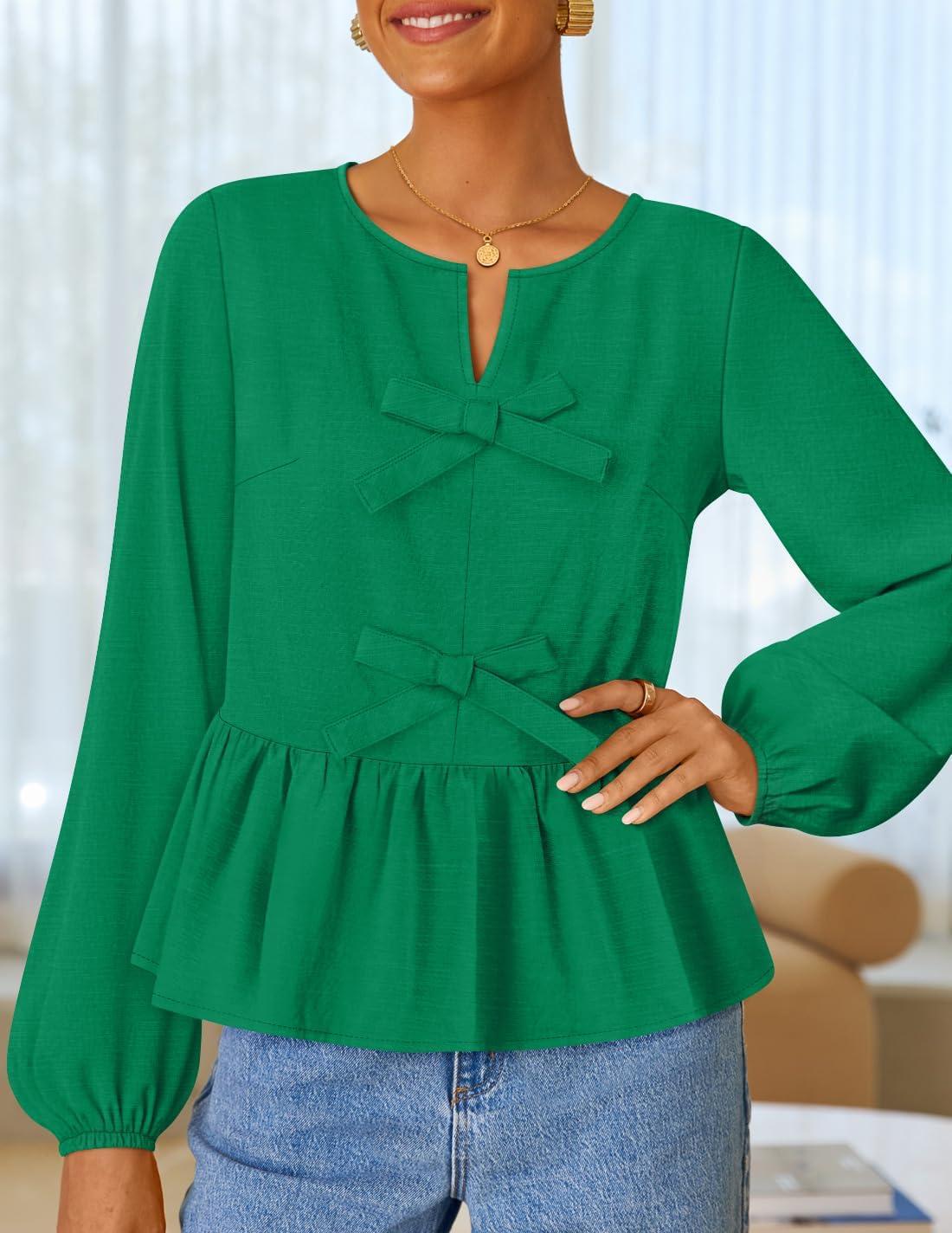 imageZESICA Womens Long Sleeve Babydoll Tops Crewneck Tie Front Casual Loose Ruffle Flowy Peplum Shirts 2026 Fall BlousesGreen