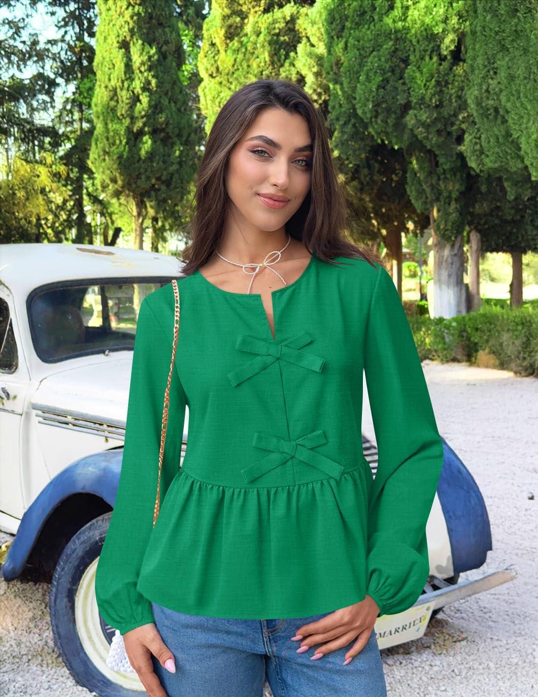 imageZESICA Womens Long Sleeve Babydoll Tops Crewneck Tie Front Casual Loose Ruffle Flowy Peplum Shirts 2026 Fall BlousesGreen