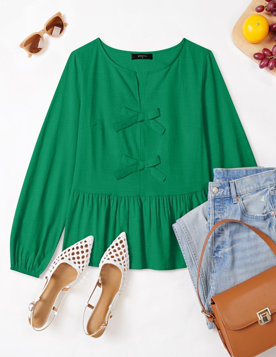 imageZESICA Womens Long Sleeve Babydoll Tops Crewneck Tie Front Casual Loose Ruffle Flowy Peplum Shirts 2026 Fall BlousesGreen