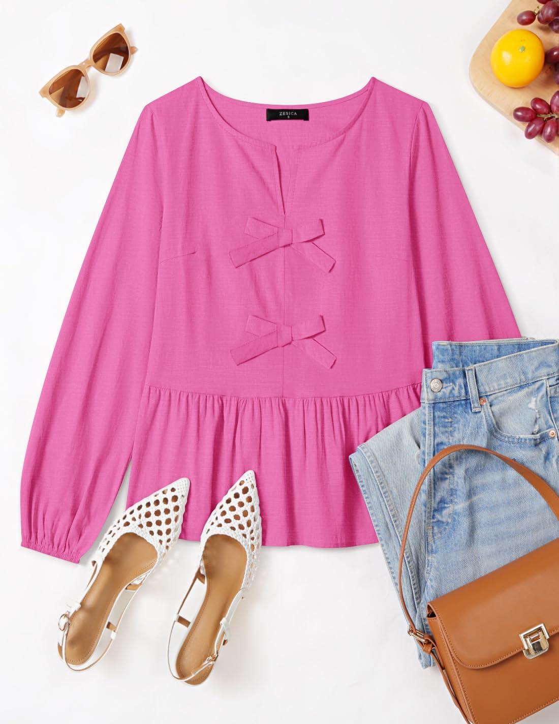 imageZESICA Womens Long Sleeve Babydoll Tops Crewneck Tie Front Casual Loose Ruffle Flowy Peplum Shirts 2026 Fall BlousesHot Pink