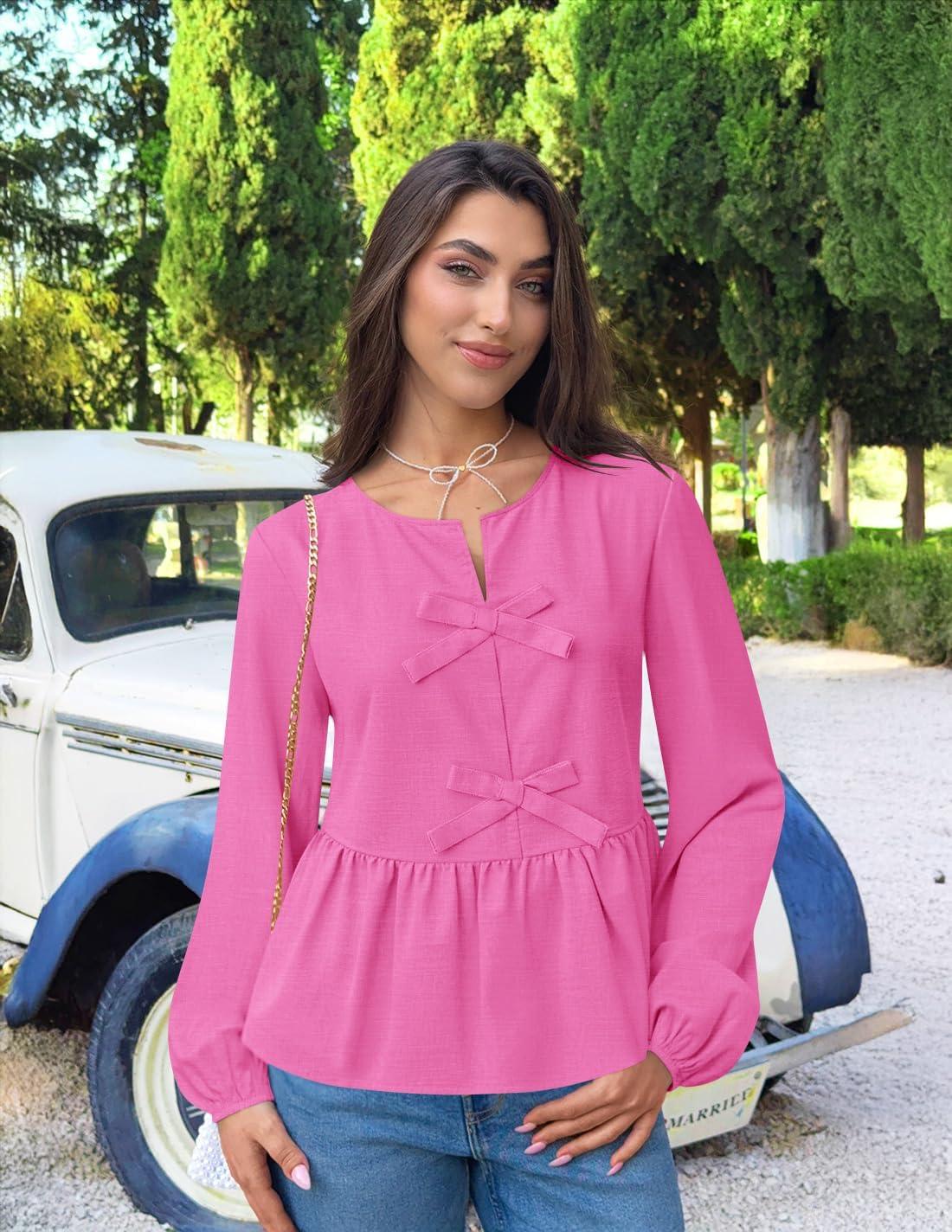 imageZESICA Womens Long Sleeve Babydoll Tops Crewneck Tie Front Casual Loose Ruffle Flowy Peplum Shirts 2026 Fall BlousesHot Pink