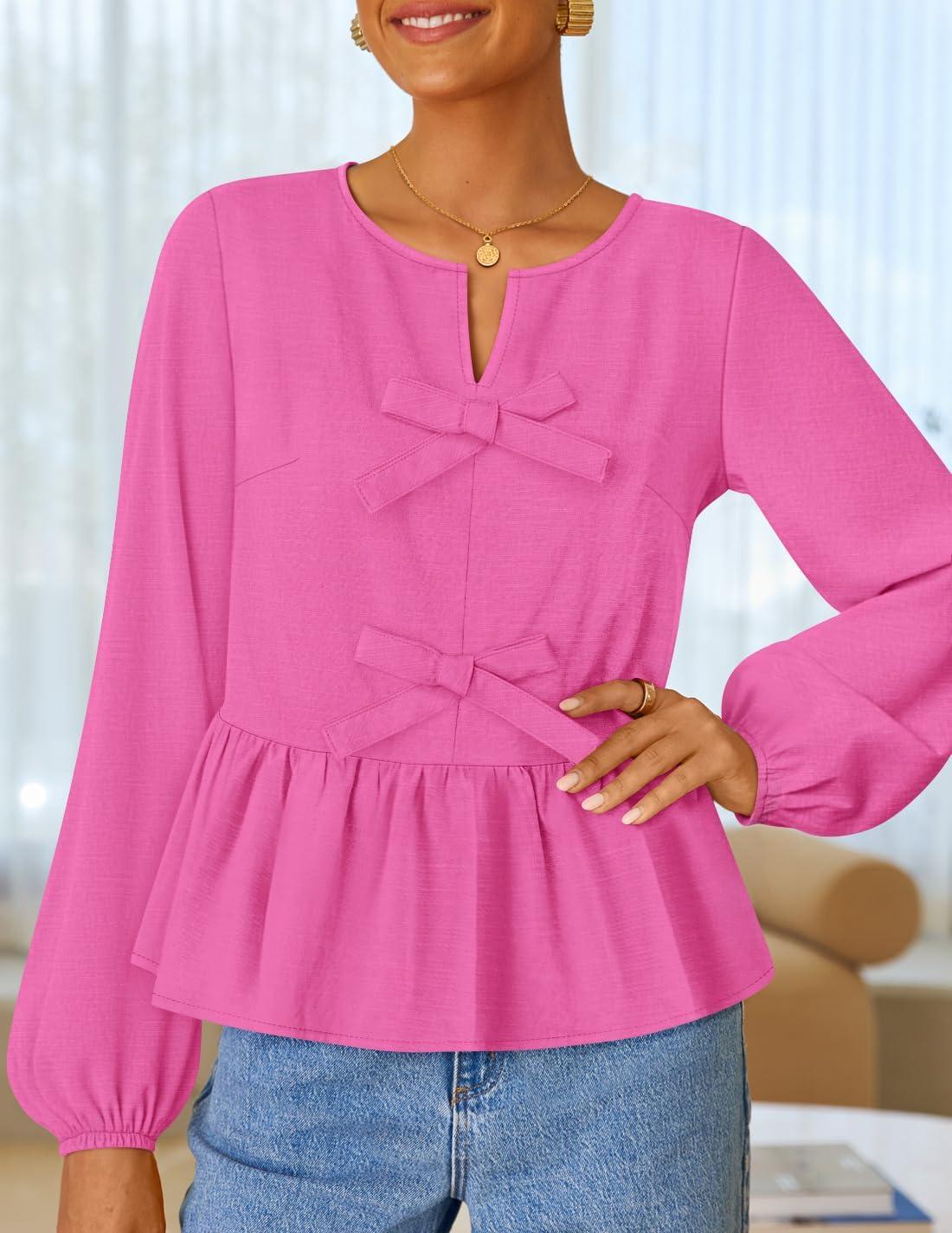 imageZESICA Womens Long Sleeve Babydoll Tops Crewneck Tie Front Casual Loose Ruffle Flowy Peplum Shirts 2026 Fall BlousesHot Pink