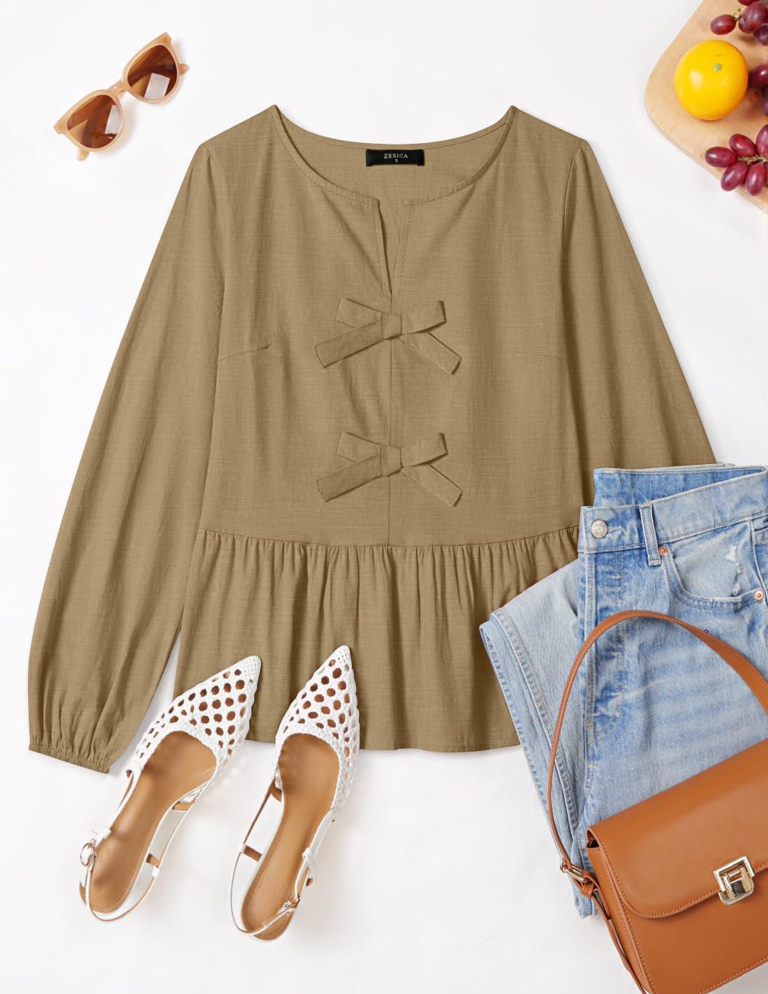 imageZESICA Womens Long Sleeve Babydoll Tops Crewneck Tie Front Casual Loose Ruffle Flowy Peplum Shirts 2026 Fall BlousesKhaki
