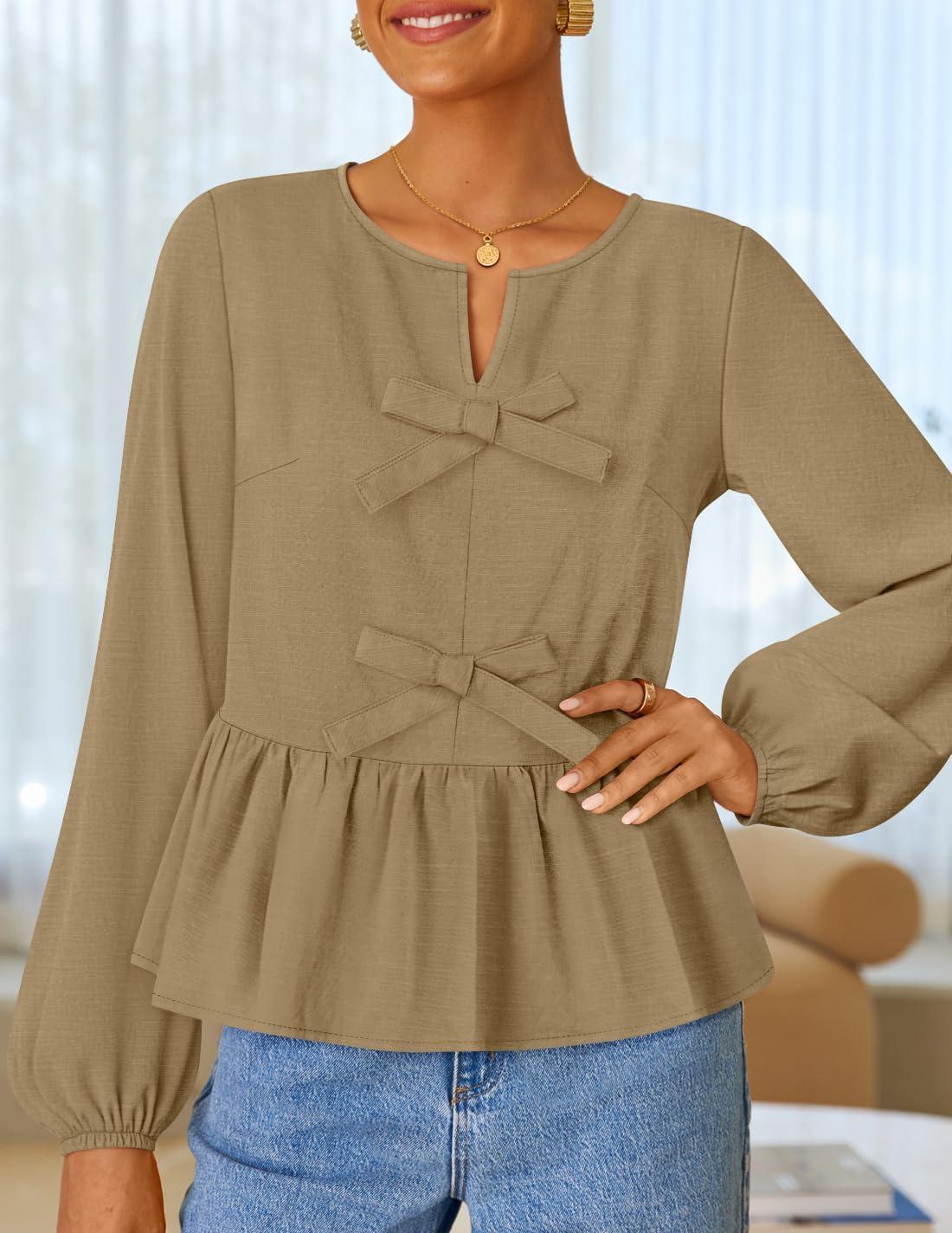 imageZESICA Womens Long Sleeve Babydoll Tops Crewneck Tie Front Casual Loose Ruffle Flowy Peplum Shirts 2026 Fall BlousesKhaki