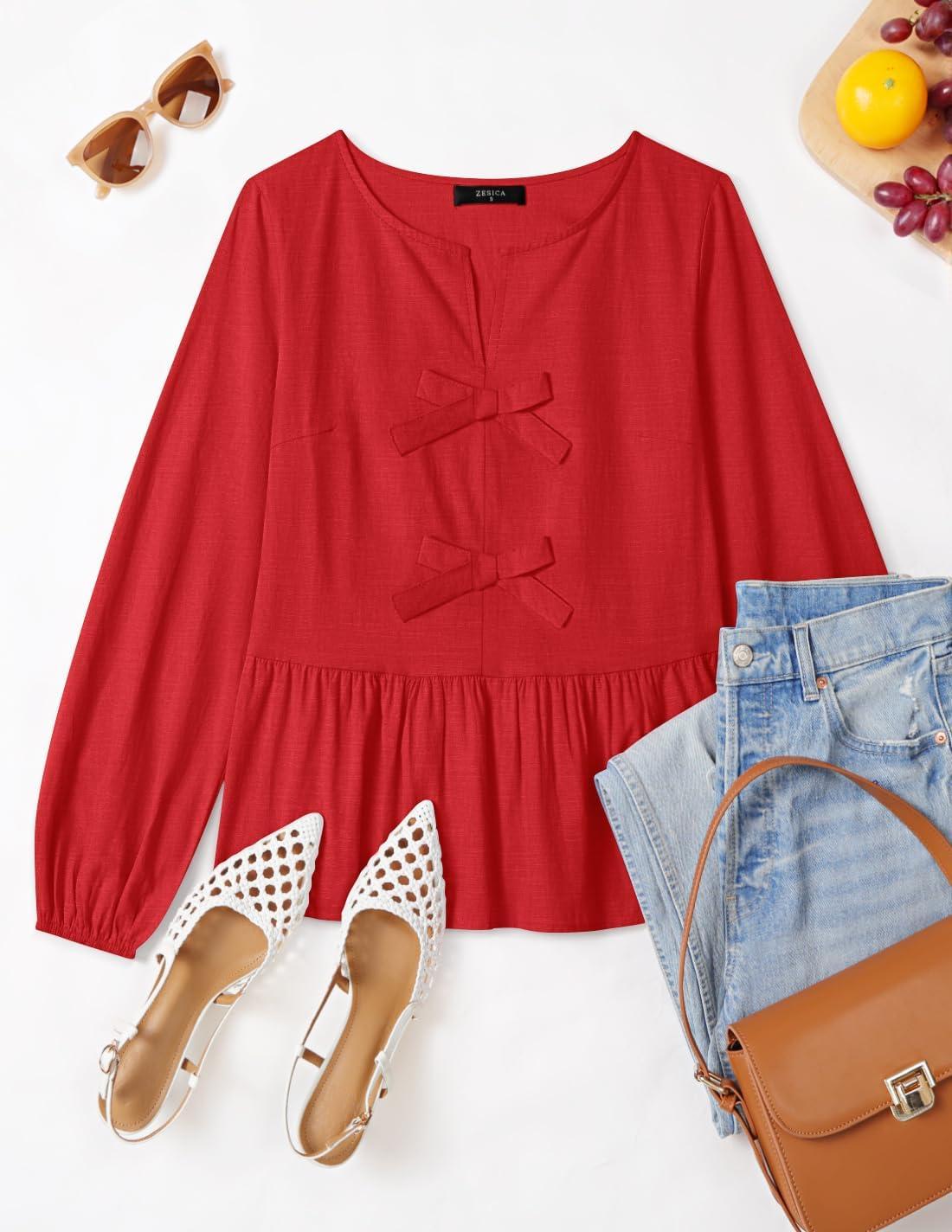 imageZESICA Womens Long Sleeve Babydoll Tops Crewneck Tie Front Casual Loose Ruffle Flowy Peplum Shirts 2026 Fall BlousesRed