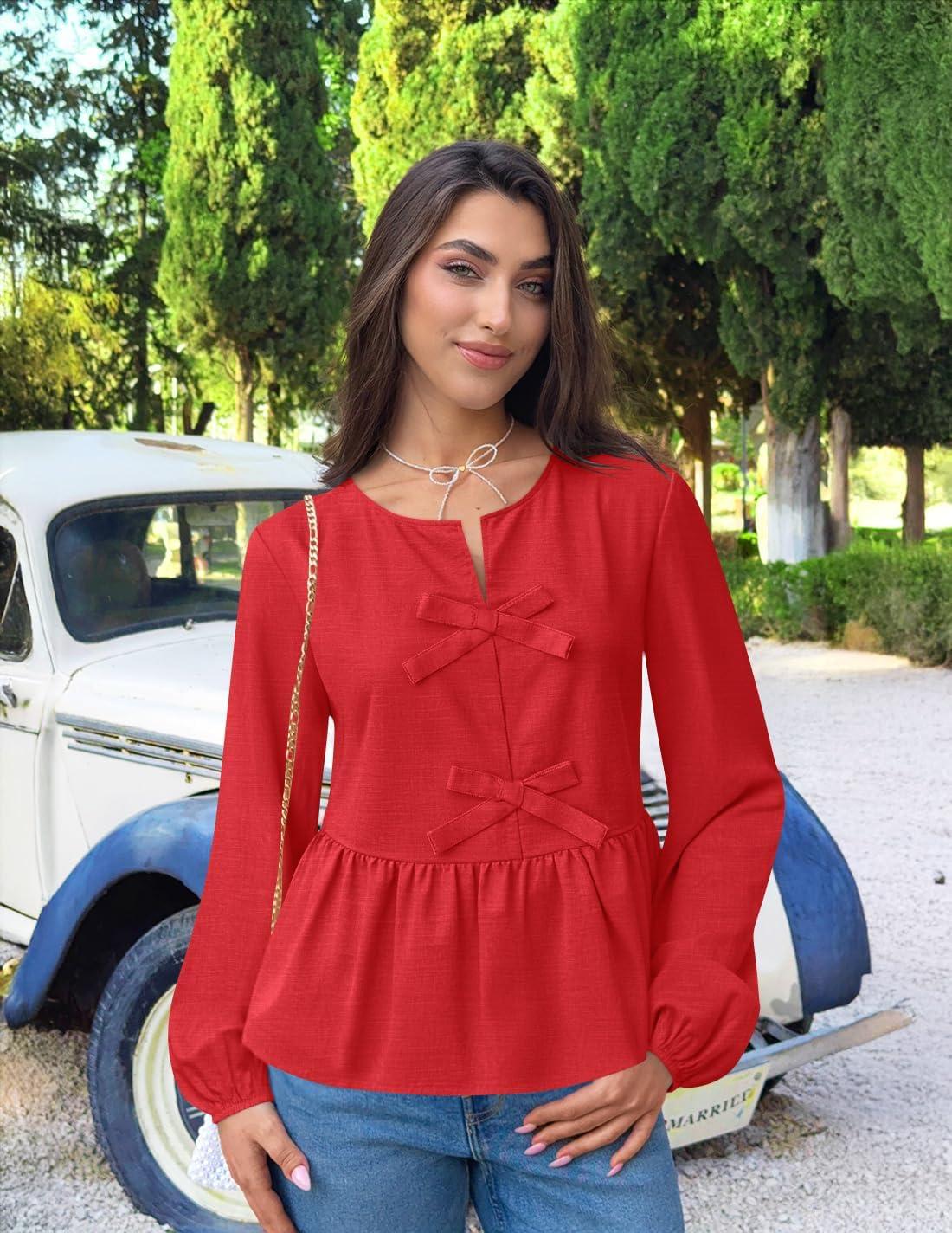 imageZESICA Womens Long Sleeve Babydoll Tops Crewneck Tie Front Casual Loose Ruffle Flowy Peplum Shirts 2026 Fall BlousesRed