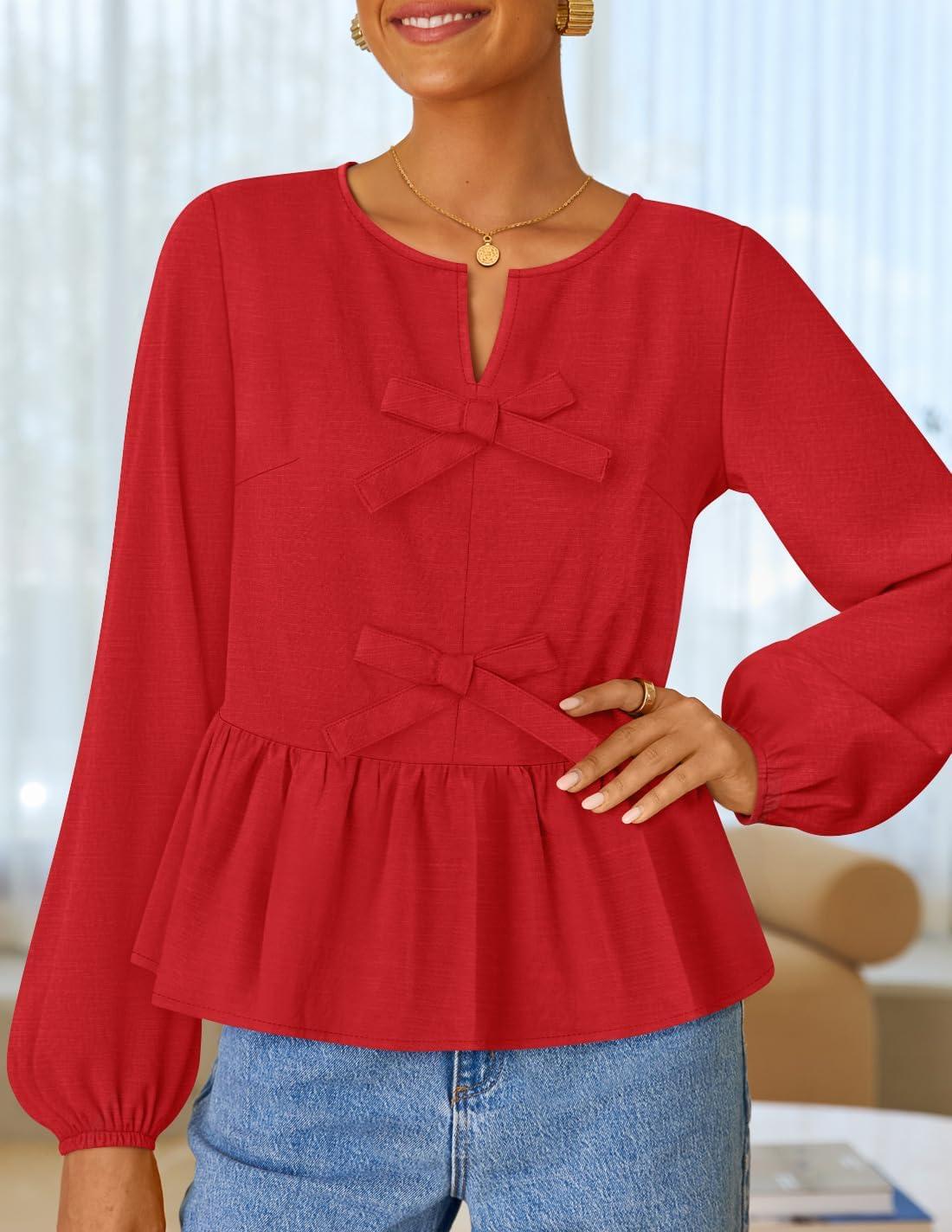 imageZESICA Womens Long Sleeve Babydoll Tops Crewneck Tie Front Casual Loose Ruffle Flowy Peplum Shirts 2026 Fall BlousesRed