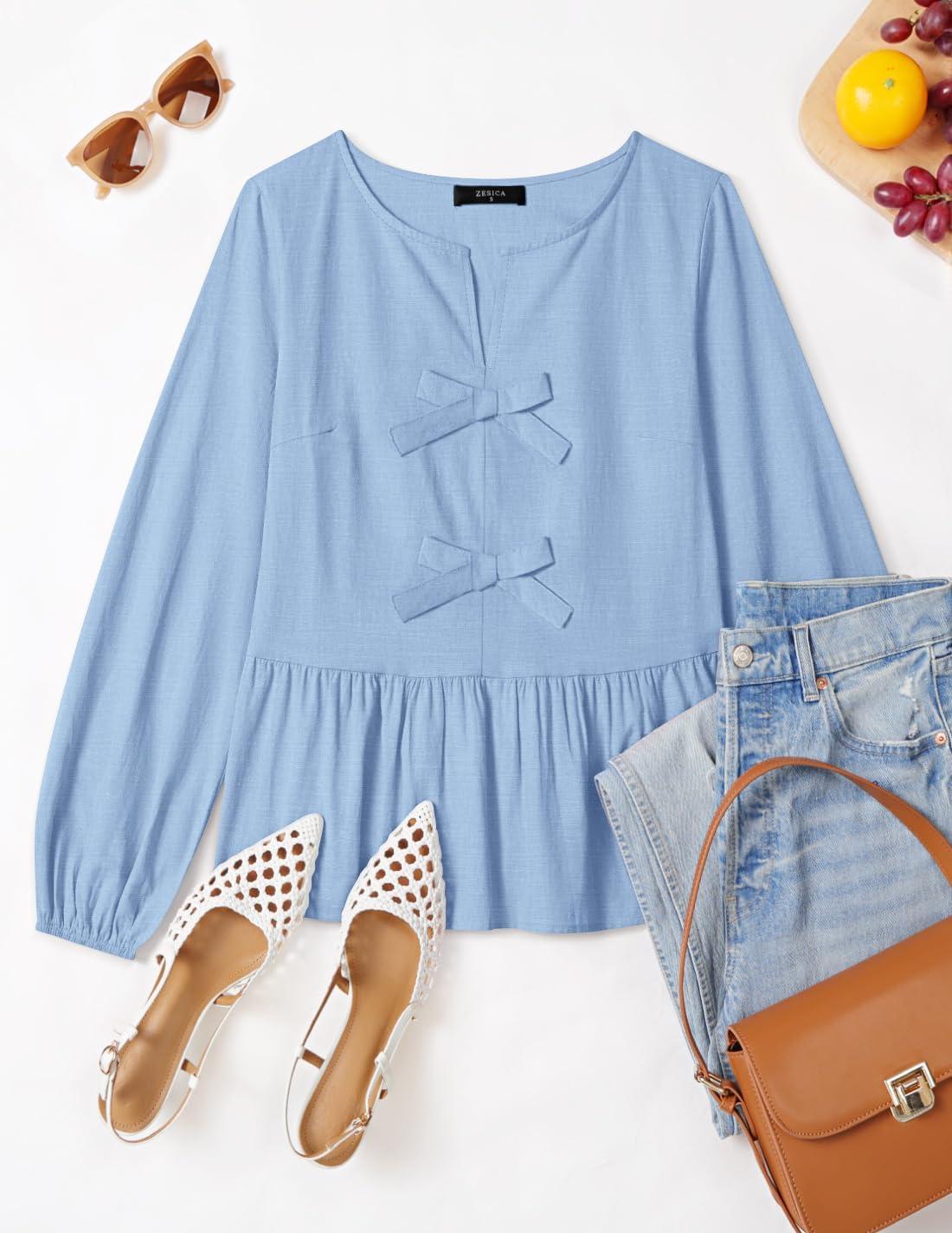 imageZESICA Womens Long Sleeve Babydoll Tops Crewneck Tie Front Casual Loose Ruffle Flowy Peplum Shirts 2026 Fall BlousesSky