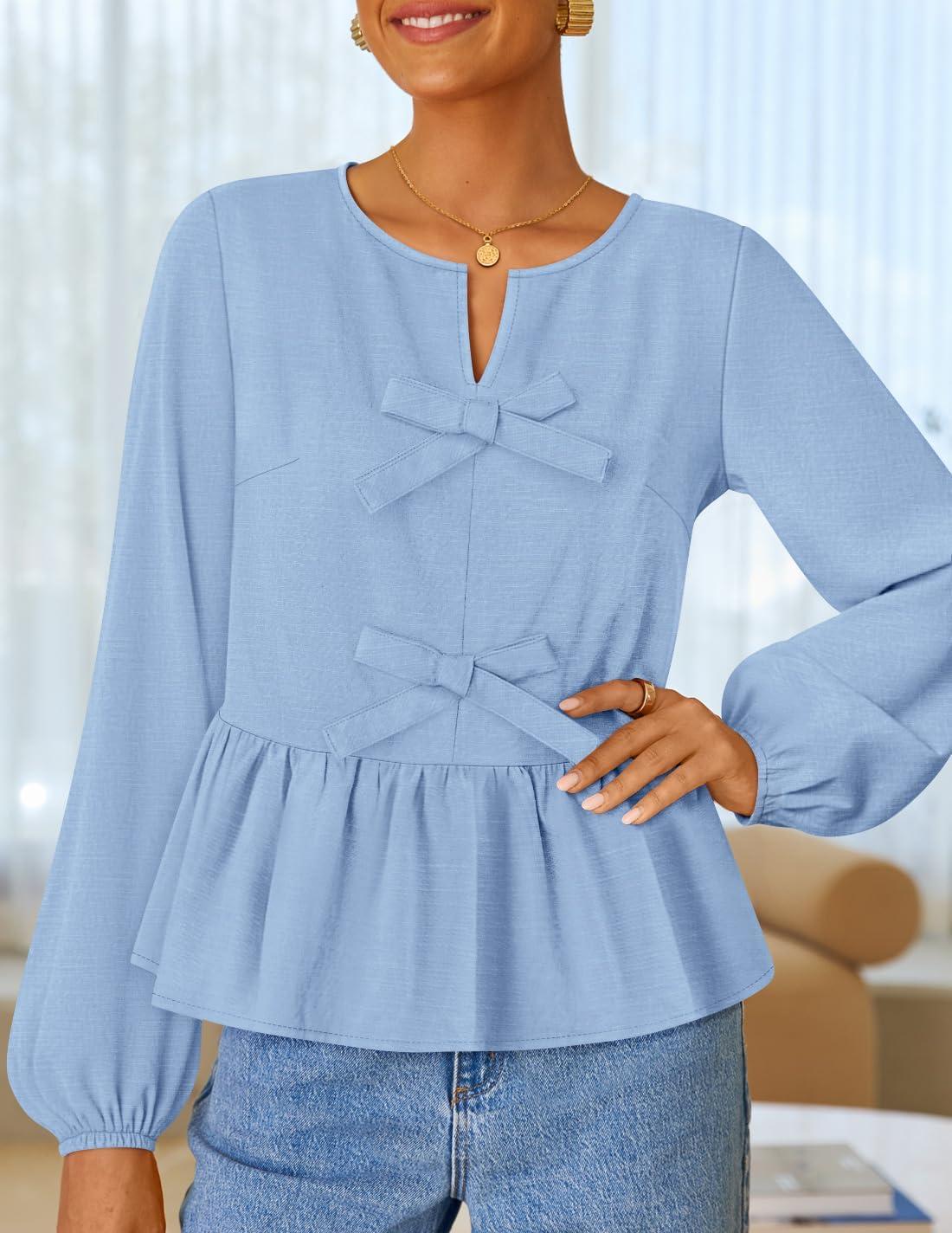 imageZESICA Womens Long Sleeve Babydoll Tops Crewneck Tie Front Casual Loose Ruffle Flowy Peplum Shirts 2026 Fall BlousesSky