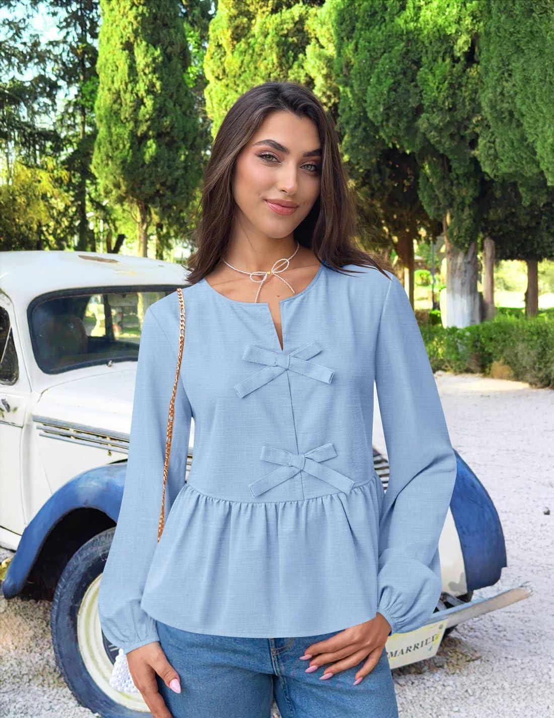 imageZESICA Womens Long Sleeve Babydoll Tops Crewneck Tie Front Casual Loose Ruffle Flowy Peplum Shirts 2026 Fall BlousesSky