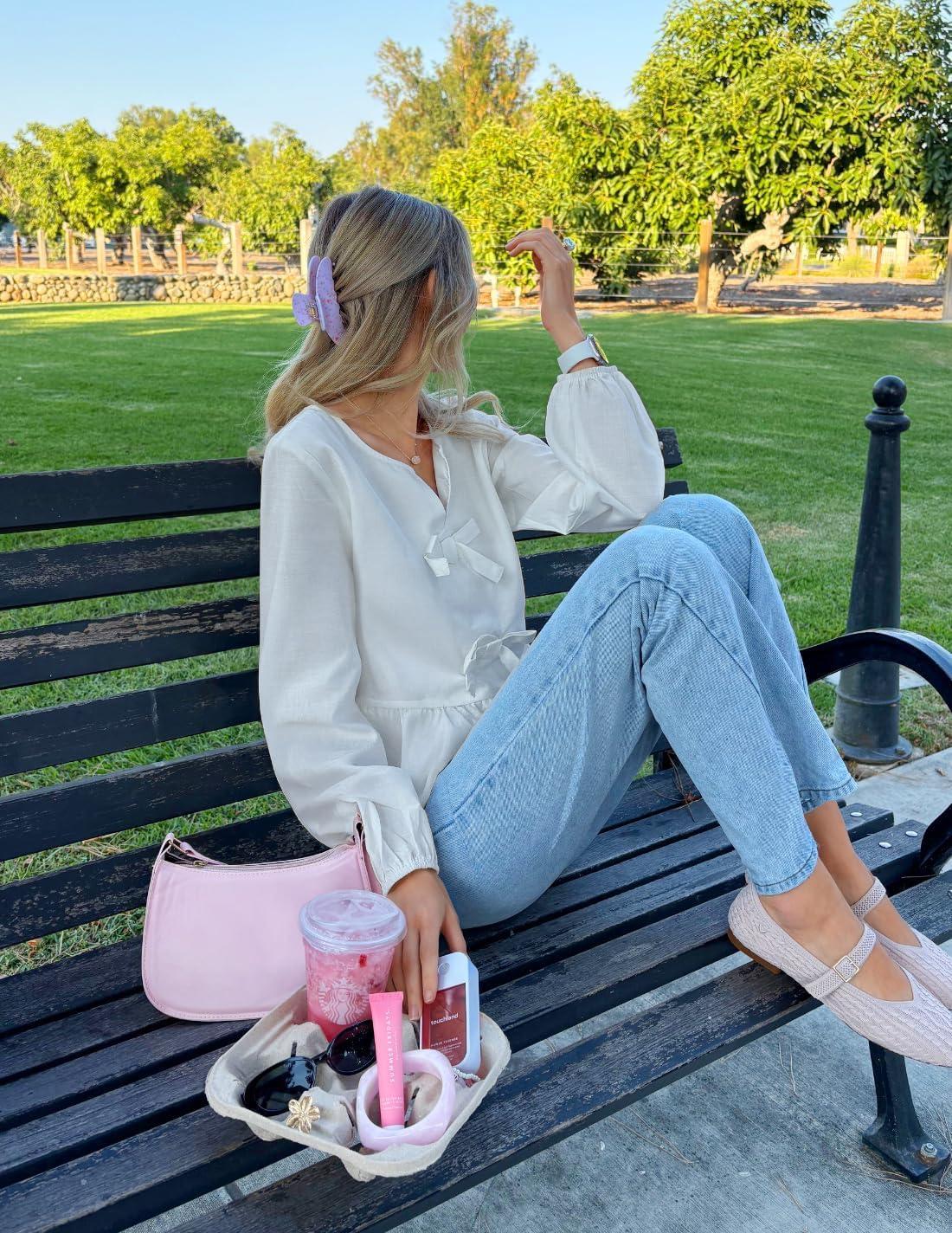 imageZESICA Womens Long Sleeve Babydoll Tops Crewneck Tie Front Casual Loose Ruffle Flowy Peplum Shirts 2026 Fall BlousesWhite