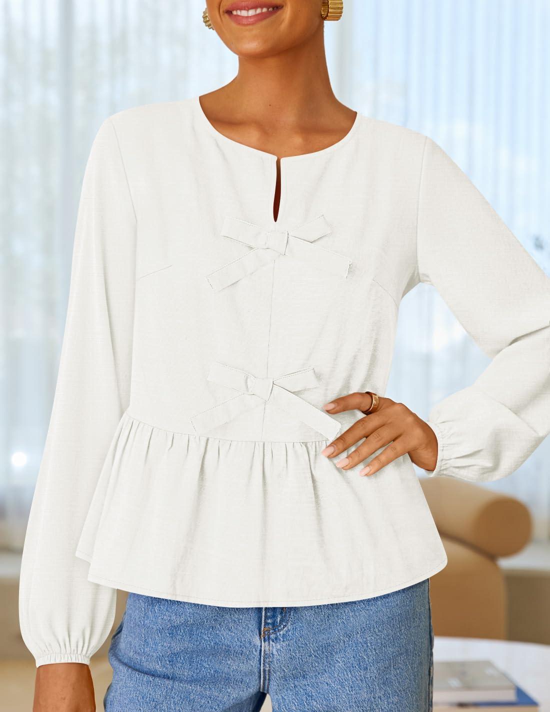 imageZESICA Womens Long Sleeve Babydoll Tops Crewneck Tie Front Casual Loose Ruffle Flowy Peplum Shirts 2026 Fall BlousesWhite