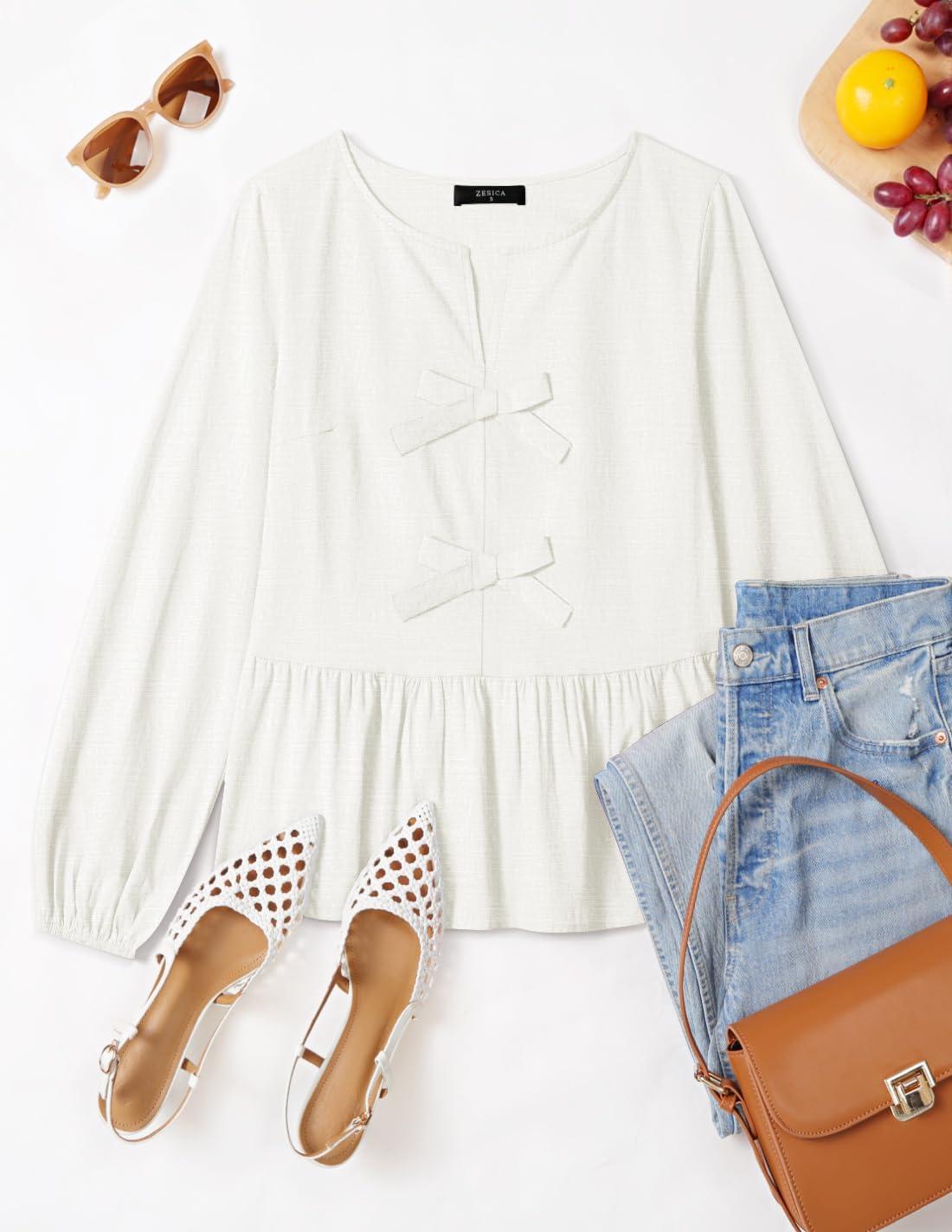 imageZESICA Womens Long Sleeve Babydoll Tops Crewneck Tie Front Casual Loose Ruffle Flowy Peplum Shirts 2026 Fall BlousesWhite