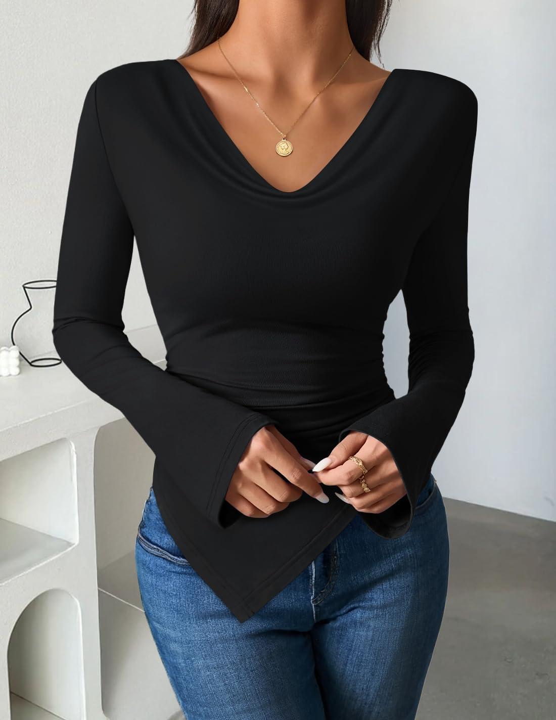 imageZESICA Womens Long Sleeve Cowl Neck Shirts Slim Fit Going Out Y2k Tops Blouses 2026 Spring Outfits Fashion ClothesBlack