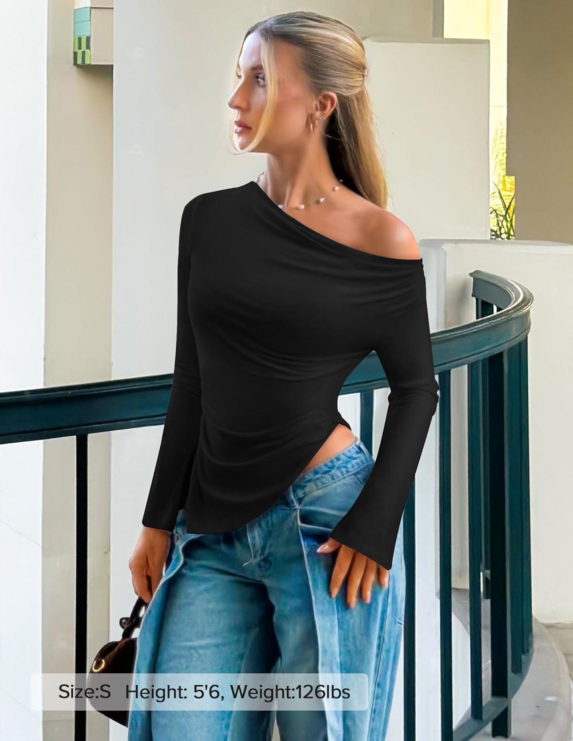imageZESICA Womens Long Sleeve Cowl Neck Shirts Slim Fit Going Out Y2k Tops Blouses 2026 Spring Outfits Fashion ClothesBlack
