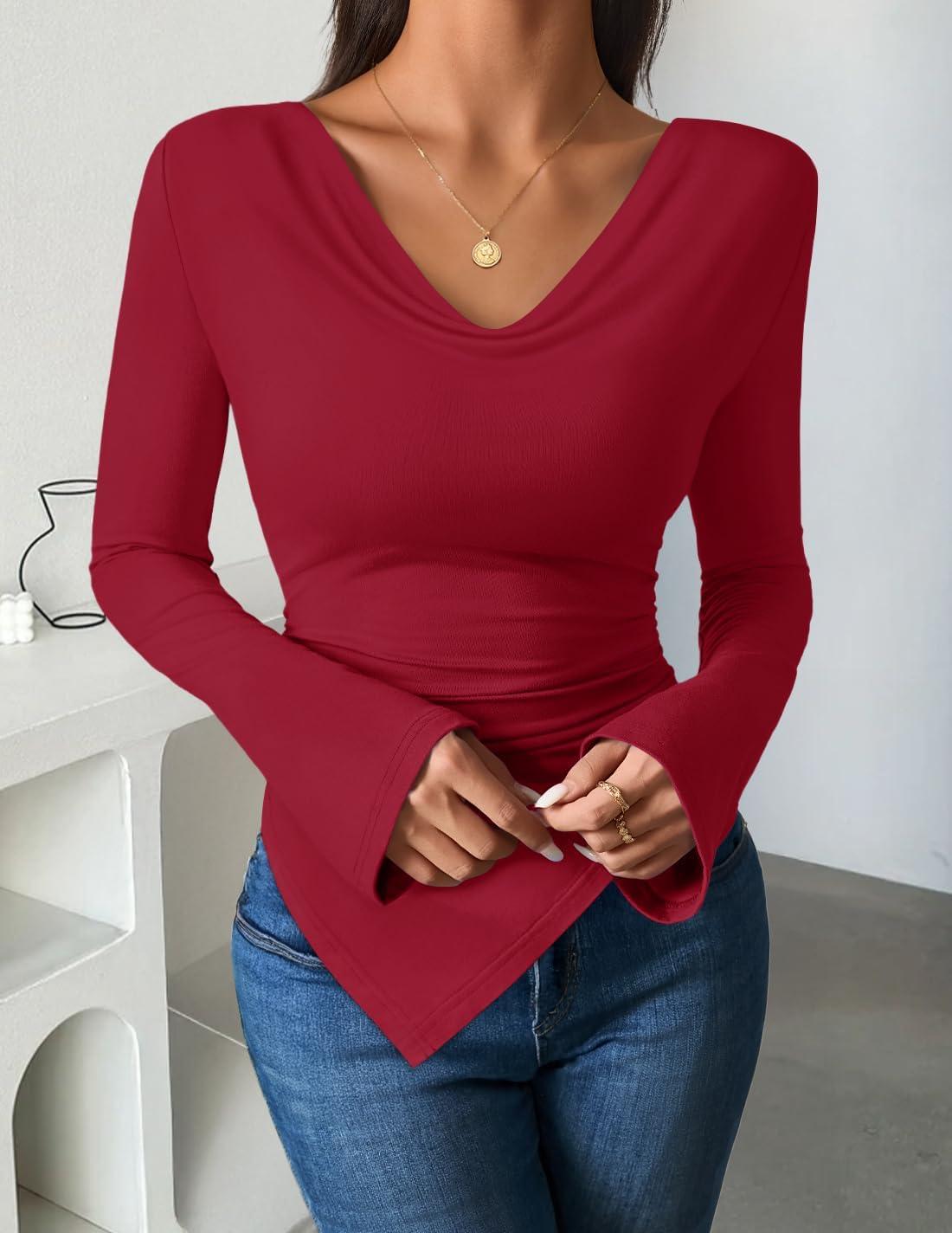 imageZESICA Womens Long Sleeve Cowl Neck Shirts Slim Fit Going Out Y2k Tops Blouses 2026 Spring Outfits Fashion ClothesRed
