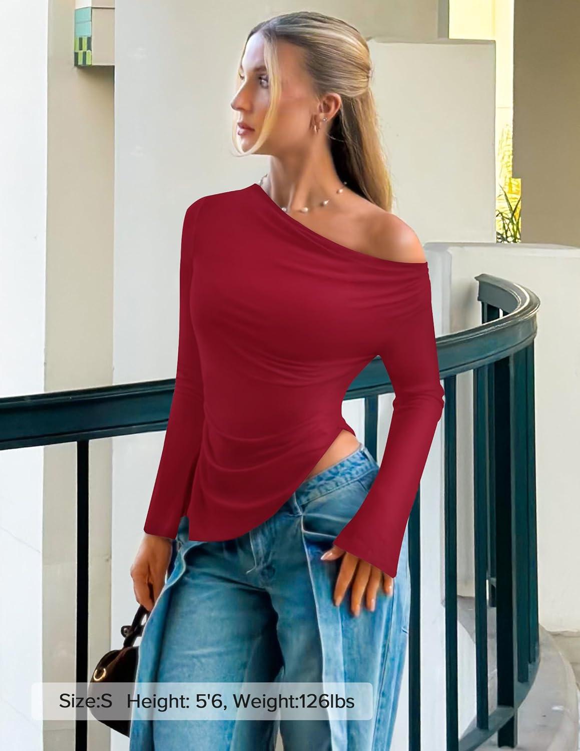 imageZESICA Womens Long Sleeve Cowl Neck Shirts Slim Fit Going Out Y2k Tops Blouses 2026 Spring Outfits Fashion ClothesRed