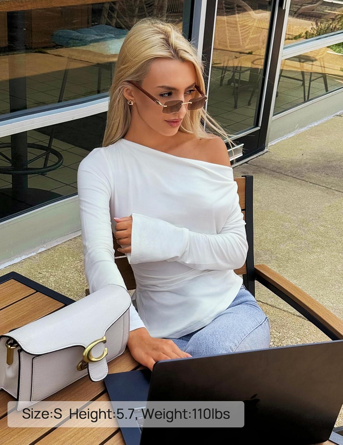 imageZESICA Womens Long Sleeve Cowl Neck Shirts Slim Fit Going Out Y2k Tops Blouses 2026 Spring Outfits Fashion ClothesWhite