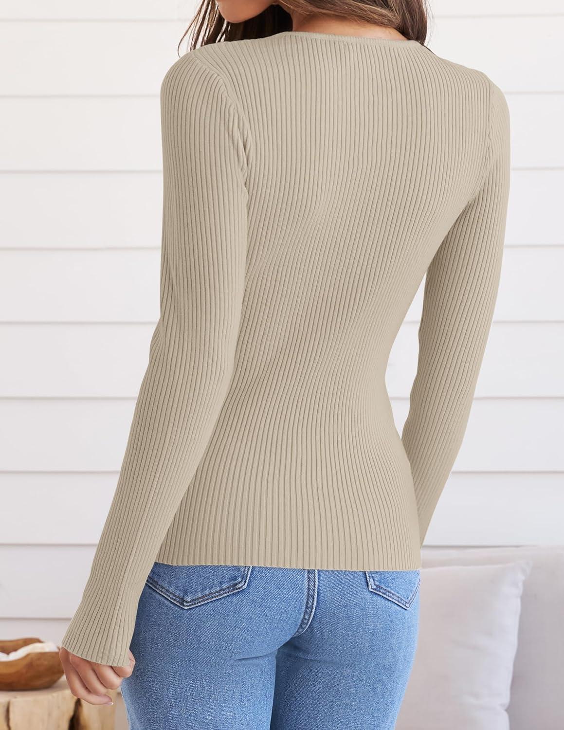 imageZESICA Womens Long Sleeve Crewneck Shirts 2026 Spring Ribbed Knit Sweater Slim Fitted Casual Basic Tee TopsAlmond
