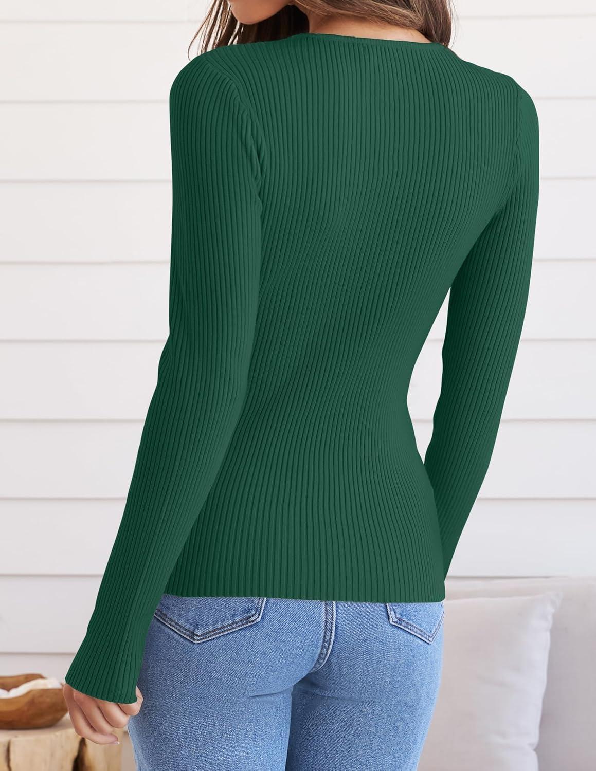 imageZESICA Womens Long Sleeve Crewneck Shirts 2026 Spring Ribbed Knit Sweater Slim Fitted Casual Basic Tee TopsDarkgreen