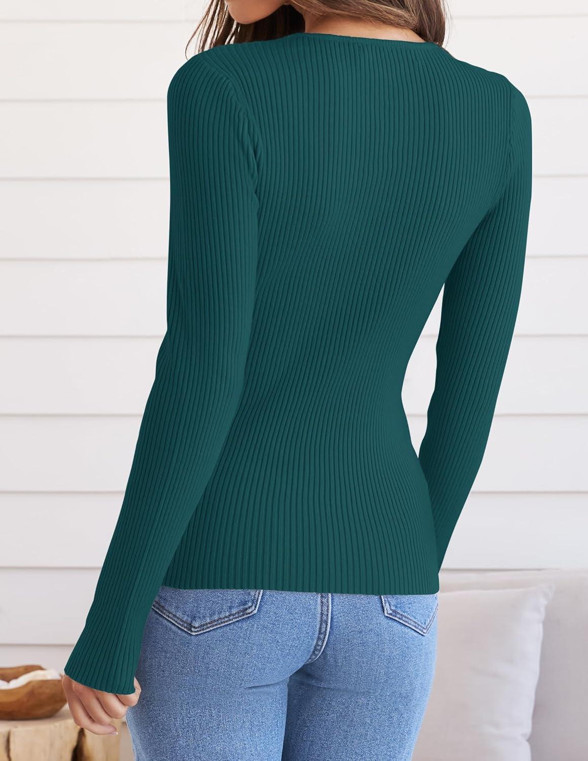 imageZESICA Womens Long Sleeve Crewneck Shirts 2026 Spring Ribbed Knit Sweater Slim Fitted Casual Basic Tee TopsGreen