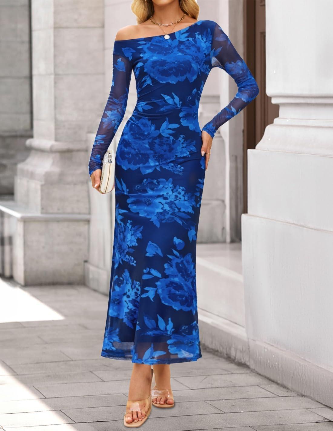 imageZESICA Womens Long Sleeve Floral Maxi Dress 2026 Fall Off Shoulder Bodycon Ruched Mesh Cocktail Wedding Guest DressesBlue