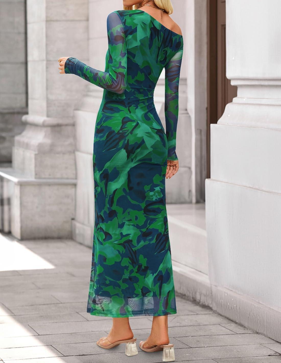 imageZESICA Womens Long Sleeve Floral Maxi Dress 2026 Fall Off Shoulder Bodycon Ruched Mesh Cocktail Wedding Guest DressesGreen