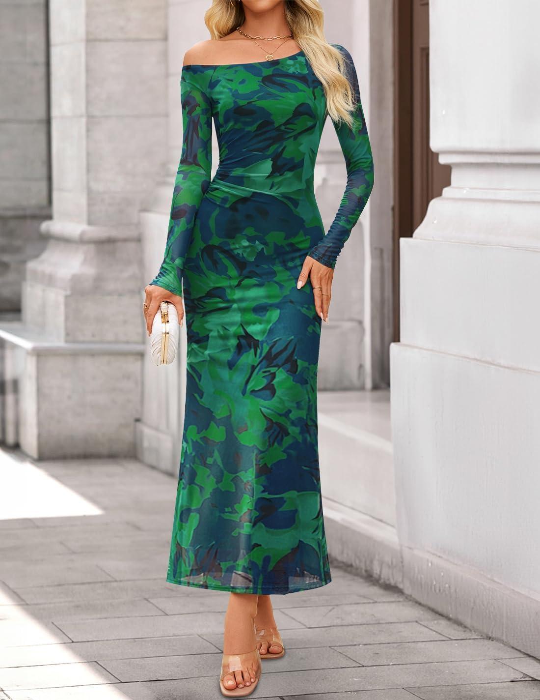 imageZESICA Womens Long Sleeve Floral Maxi Dress 2026 Fall Off Shoulder Bodycon Ruched Mesh Cocktail Wedding Guest DressesGreen